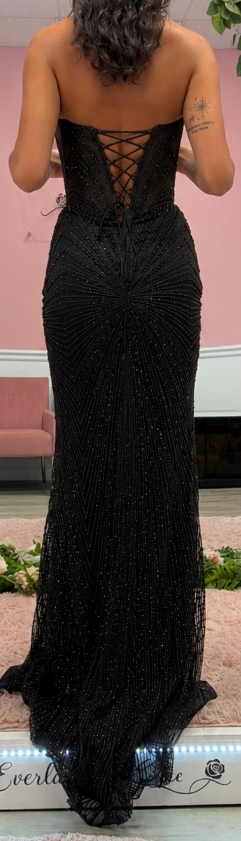 Ladivine Black Beaded Illusion Corset Evening Gown with Crystal Drape Detail