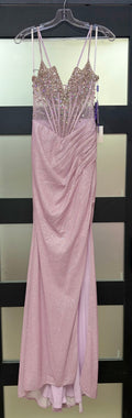 LaDivine J4305 Blush Lilac Glitter Corset Gown with Crystal Embellishments