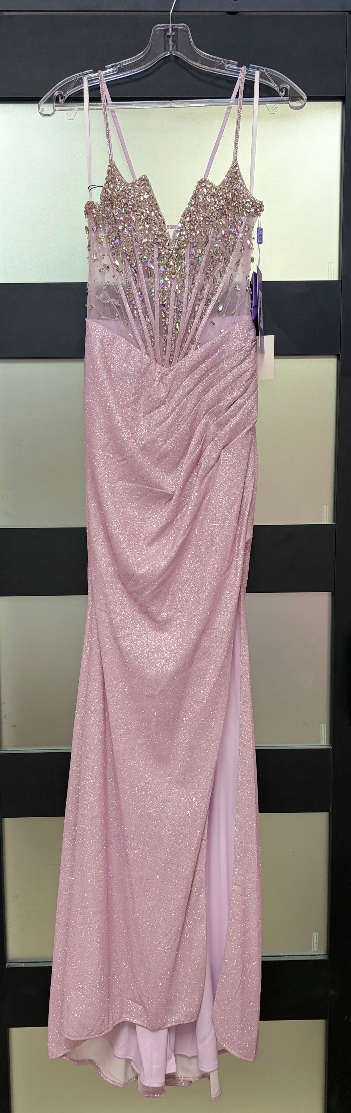 LaDivine J4305 Blush Lilac Glitter Corset Gown with Crystal Embellishments