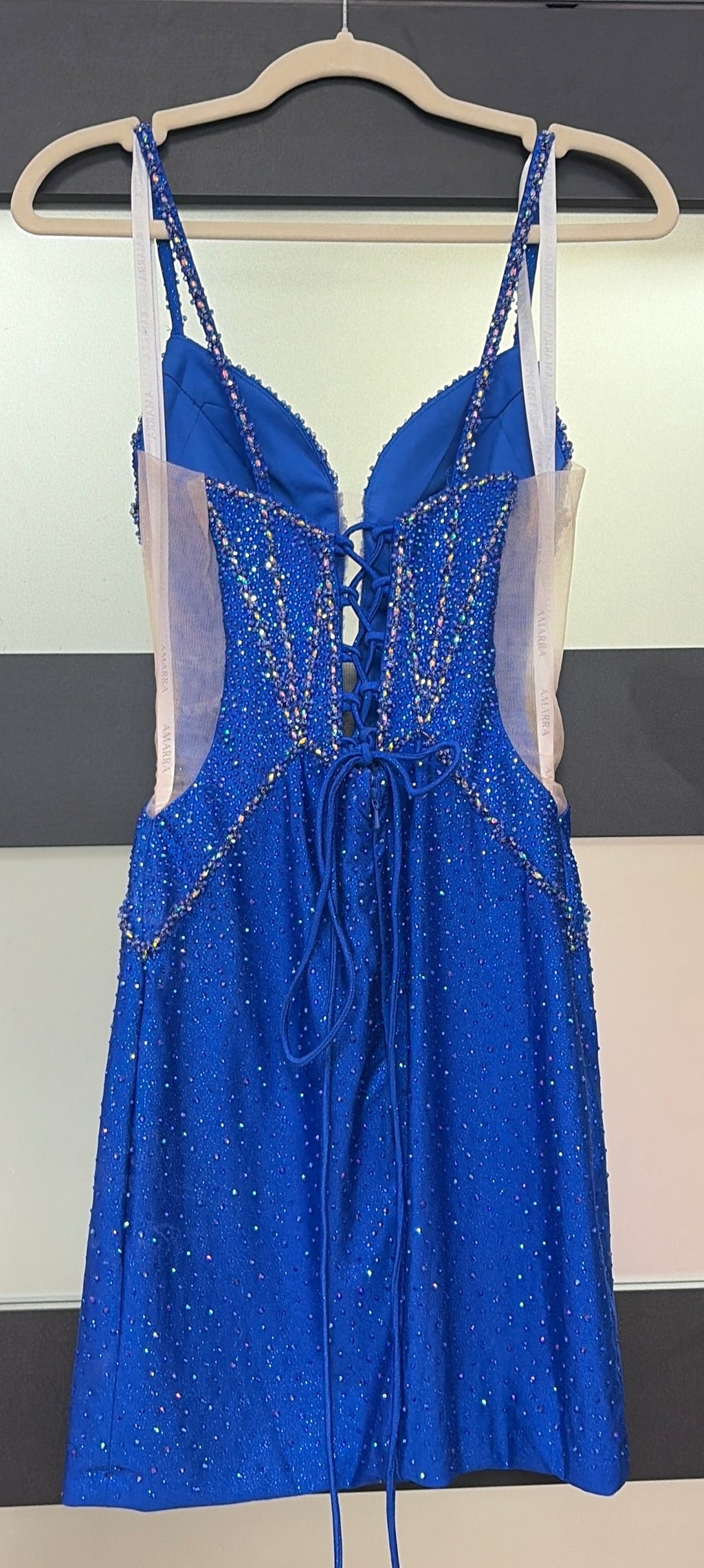 Amarra 88058 Royal Blue Crystal Embellished Corset Homecoming Dress with Lace-Up Open Back