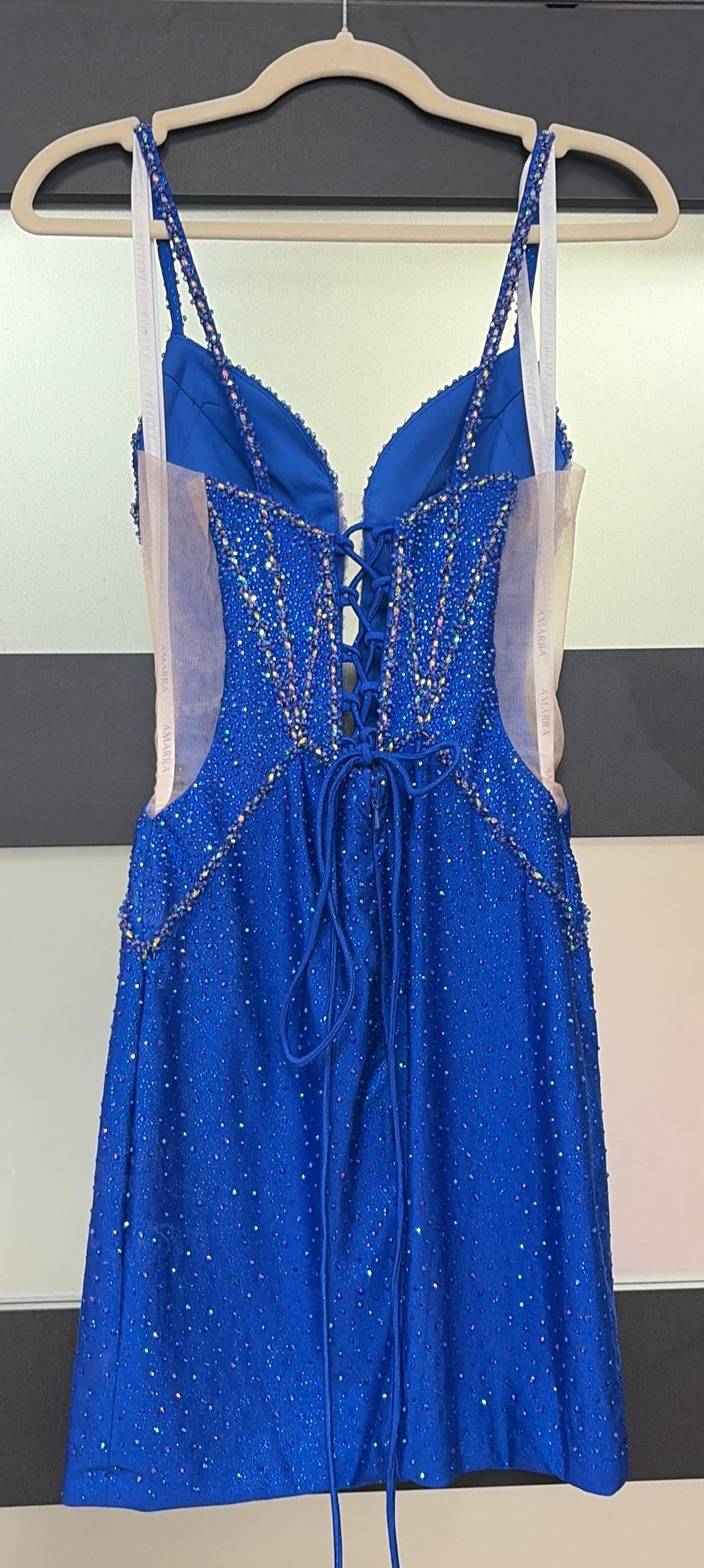 Amarra 88058 Royal Blue Crystal Embellished Corset Homecoming Dress with Lace-Up Open Back