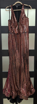 Rachel Allan 7030 Rose Gold Sequin Gown with Cold-Shoulder Detail