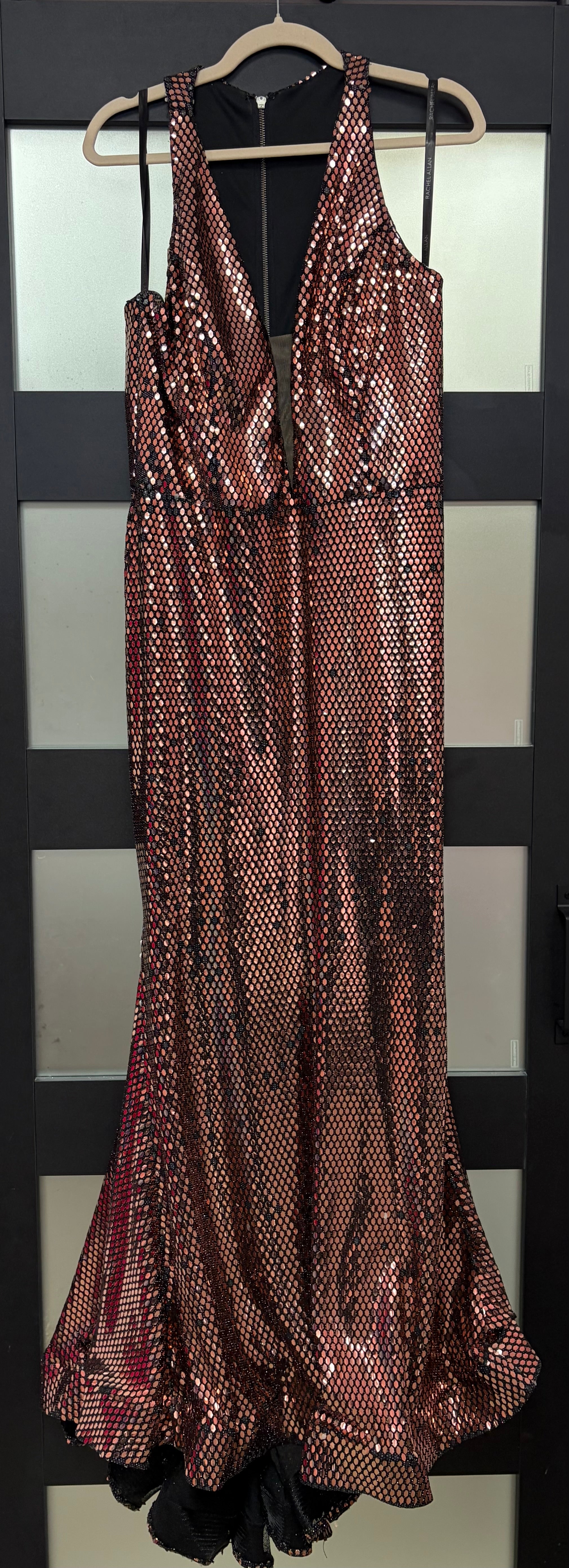 Rachel Allan 7030 Rose Gold Sequin Gown with Cold-Shoulder Detail