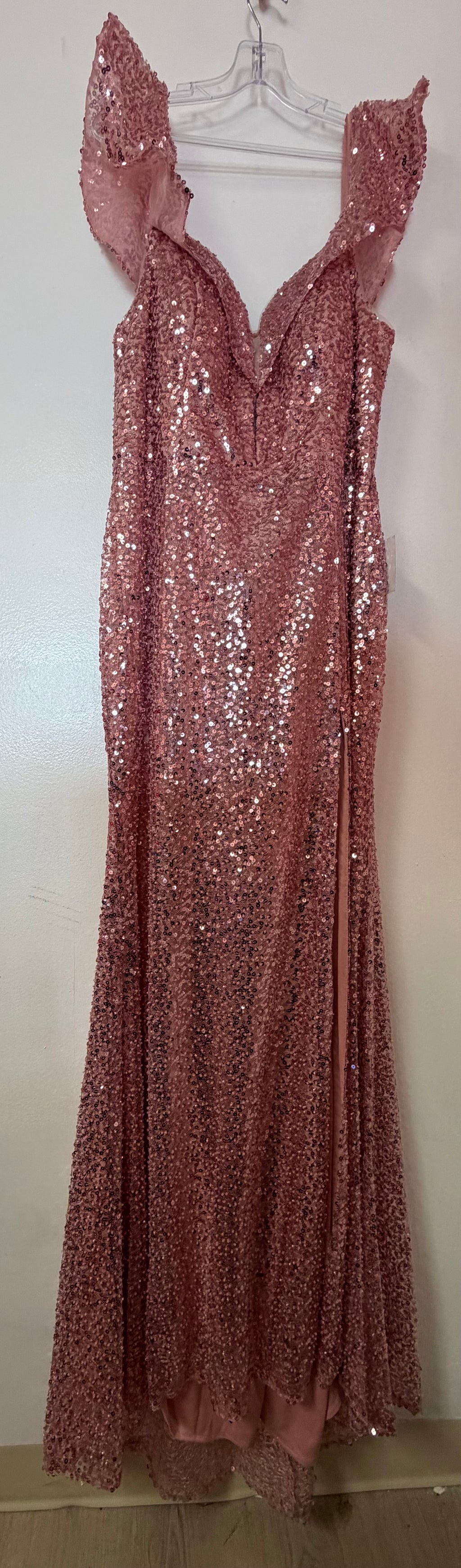 Cinderella Divine CH167 Rose Gold Sequin Formal Gown with Ruffle Straps and Leg Slit