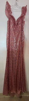 Cinderella Divine CH167 Rose Gold Sequin Formal Gown with Ruffle Straps and Leg Slit
