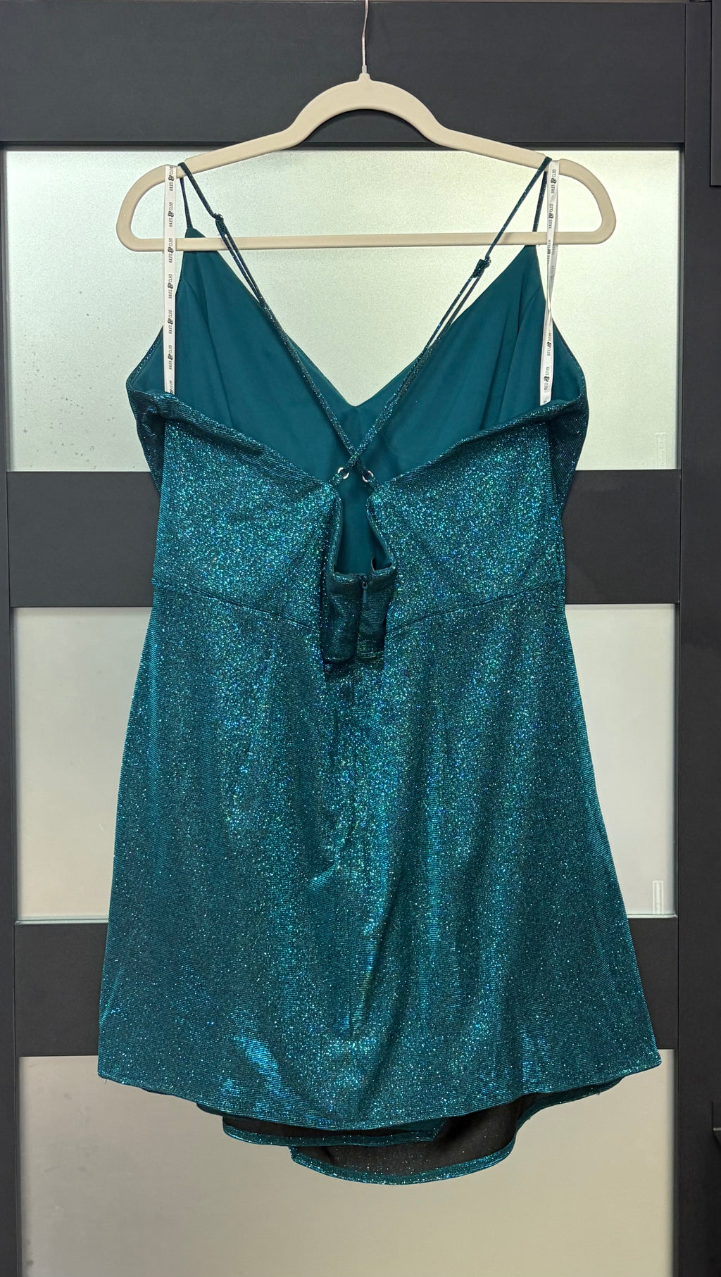 Jules & Cleo Teal Metallic Ruched Homecoming Dress with Open Back
