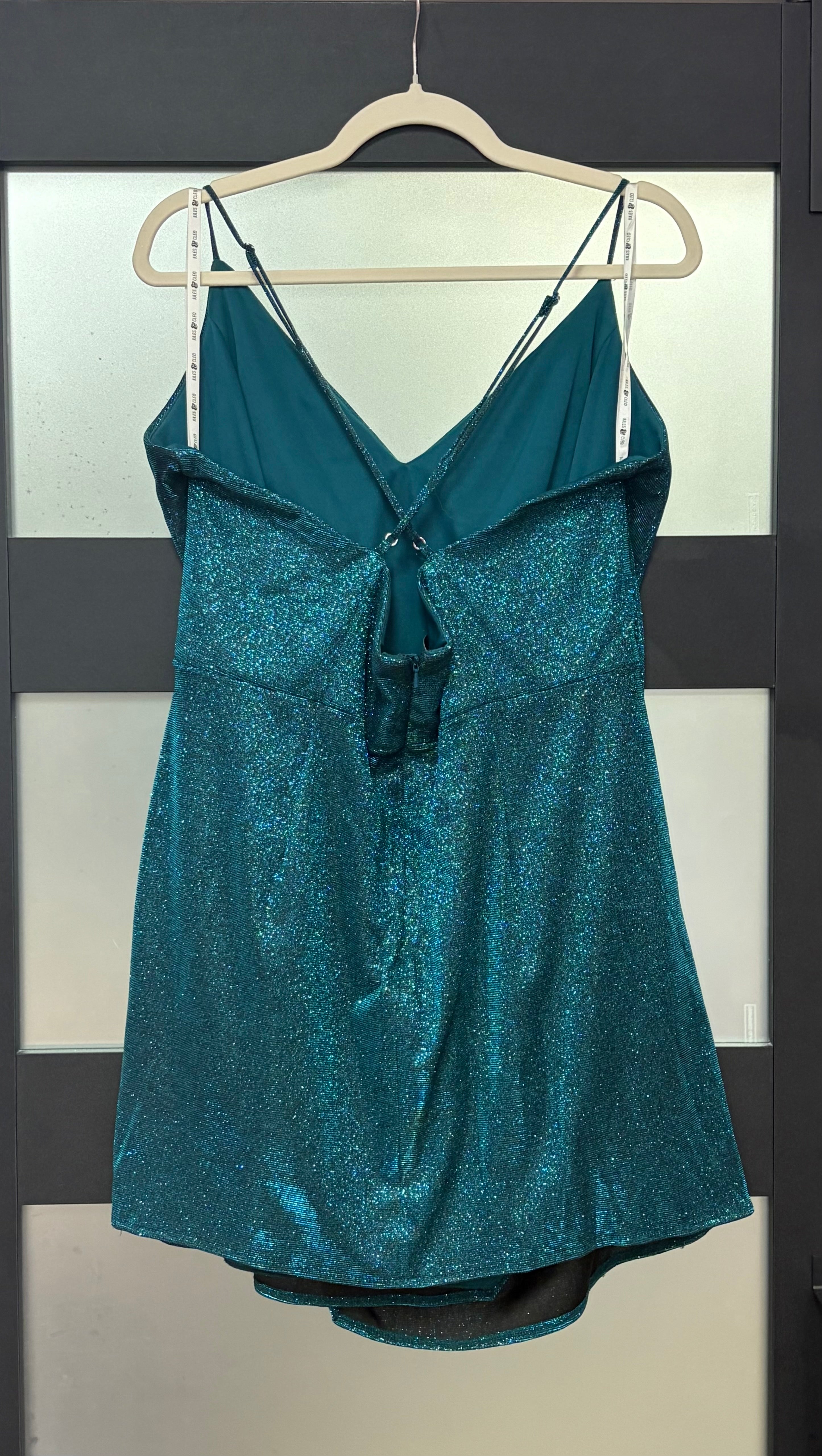 Jules & Cleo Teal Metallic Ruched Homecoming Dress with Open Back