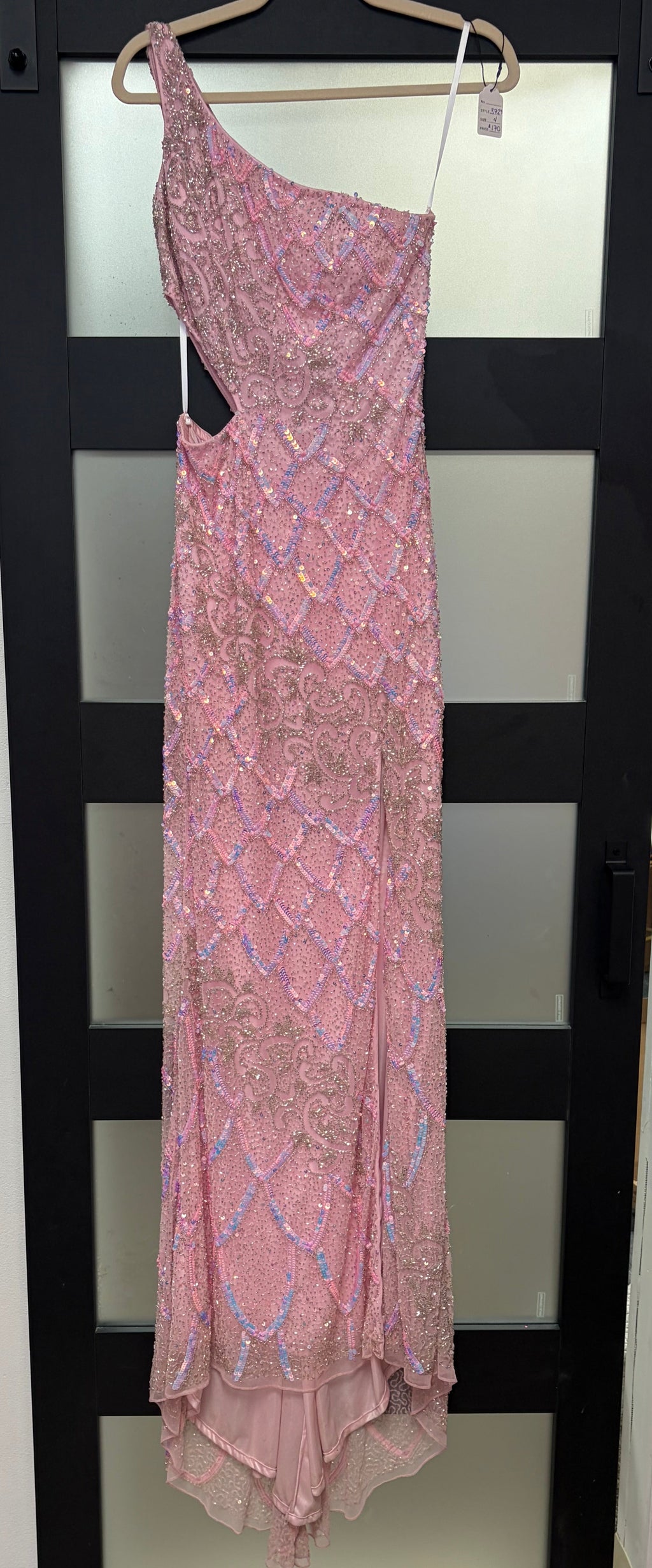 Primavera 3729 Blush Pink One-Shoulder Sequin Gown with Side Cutout