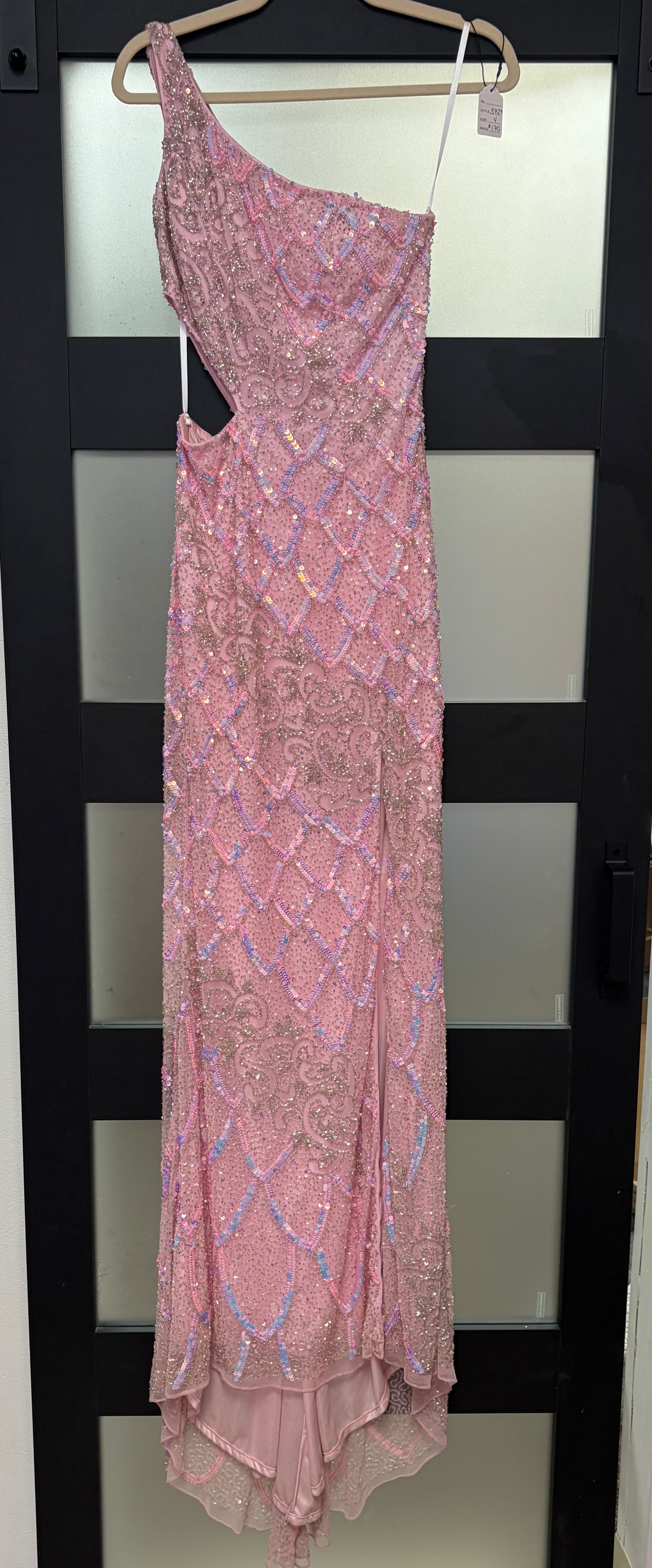 Primavera 3729 Blush Pink One-Shoulder Sequin Gown with Side Cutout