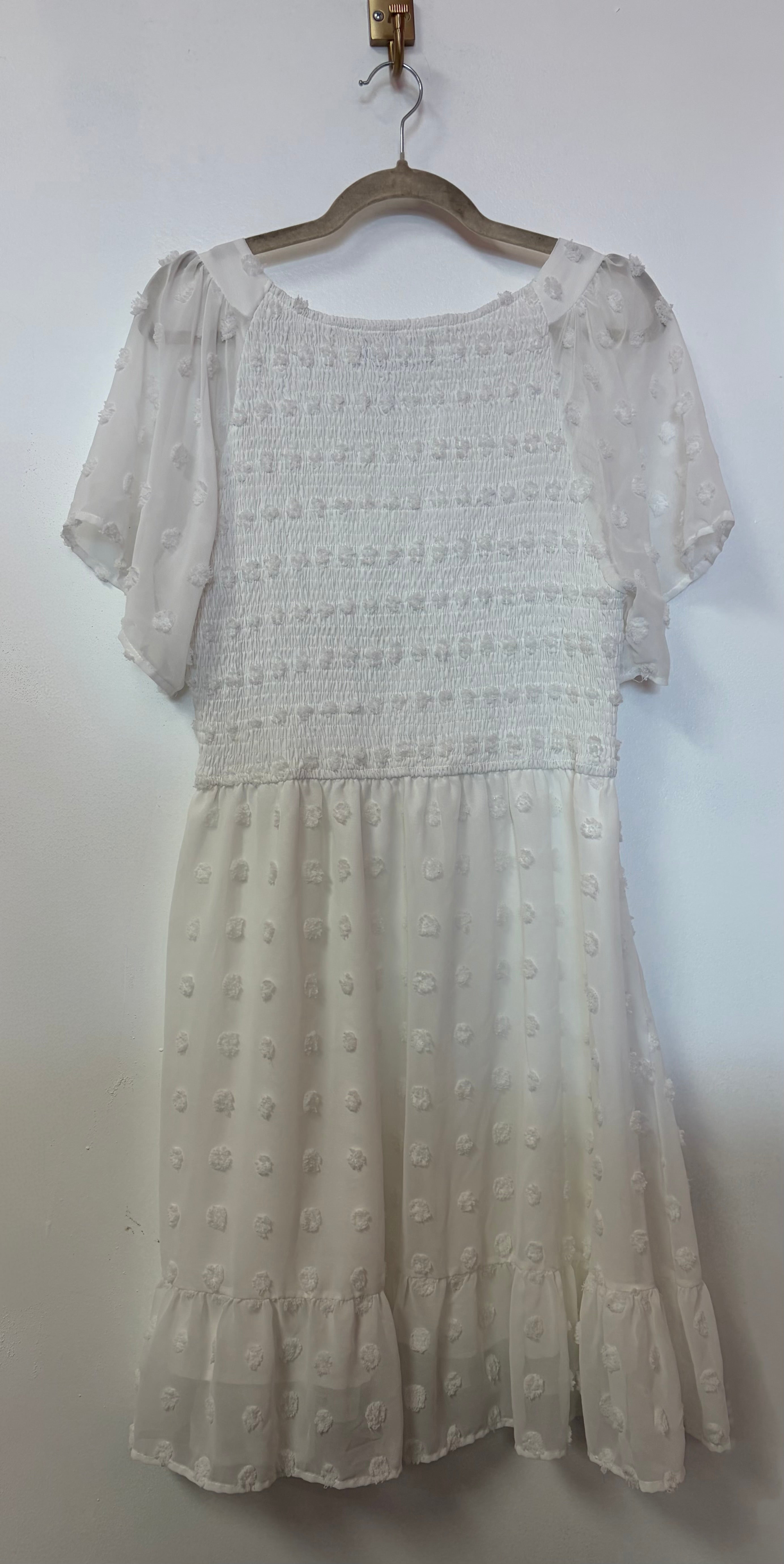 Ivory Swiss Dot Babydoll Dress with Smocked Bodice and Flutter Sleeves
