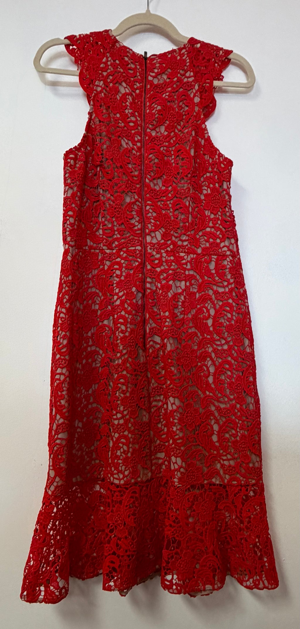 Red Crochet Lace Mermaid Cocktail Dress with Nude Lining and Flounce Hem
