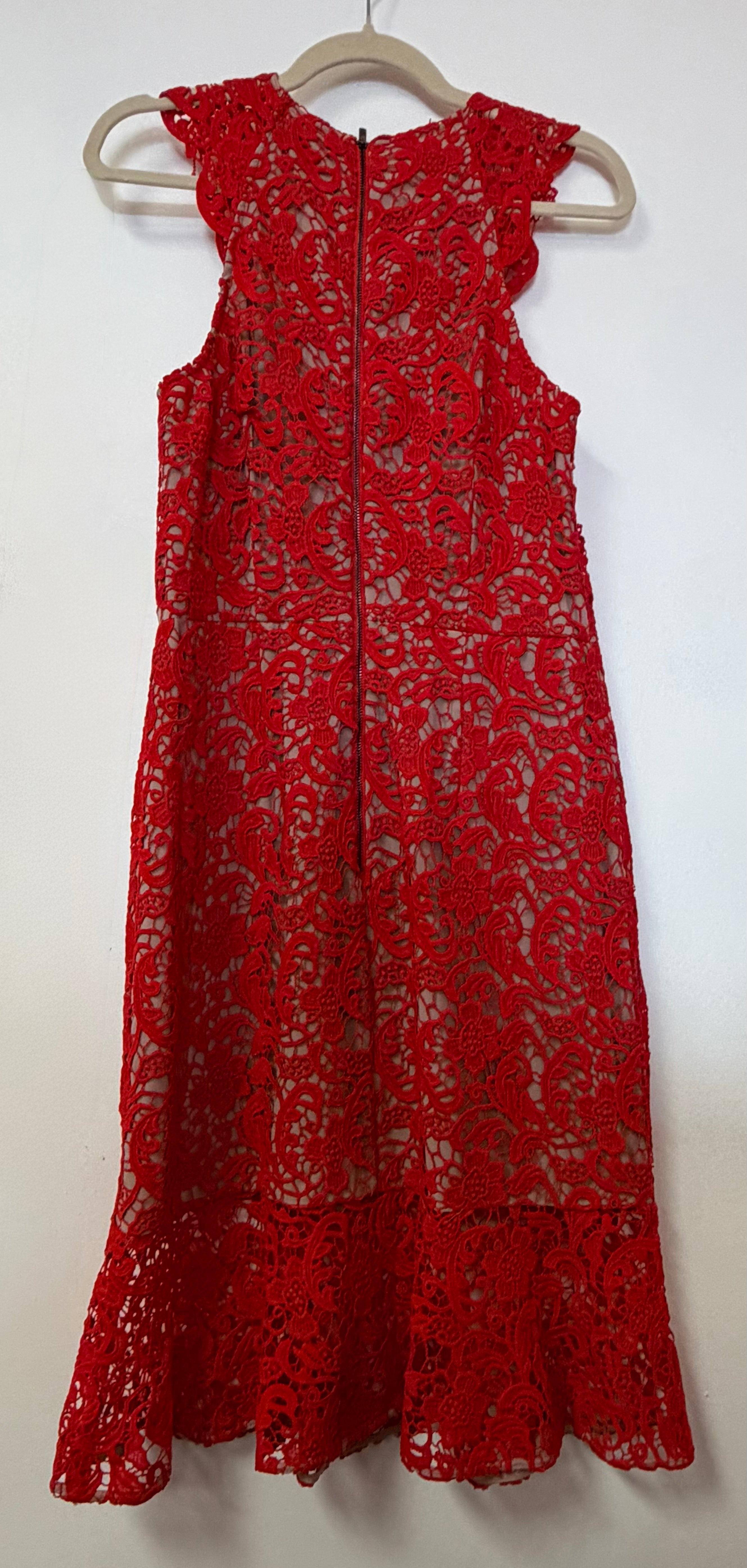 Red Crochet Lace Mermaid Cocktail Dress with Nude Lining and Flounce Hem