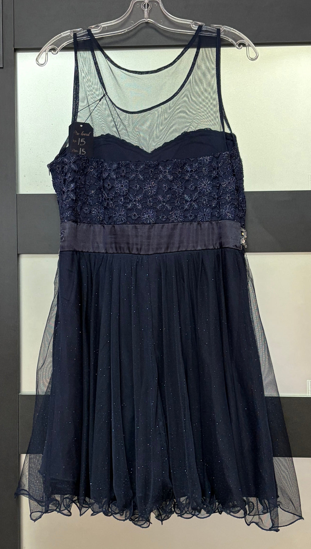 Navy Lace Bodice Glitter Tulle Fit & Flare Homecoming Dress with Illusion Neckline & Rhinestone Waist