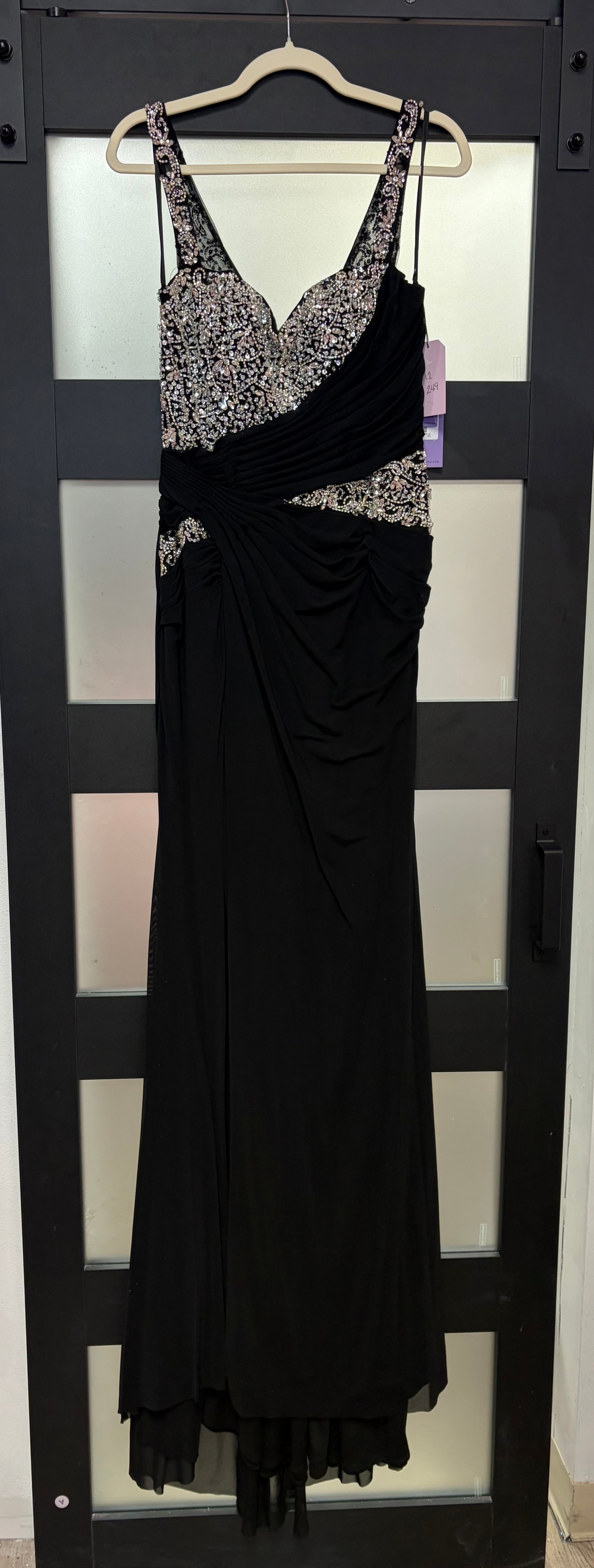 LaDivine CDS562 Black Draped Formal Gown with Embellishdd Bodice