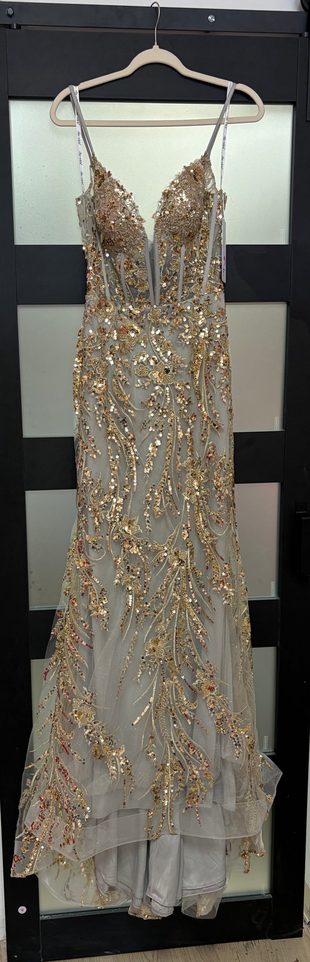 Ellie Wilde EW35039 Grey & Gold Embellished Mermaid Prom Gown with Corset Bodice