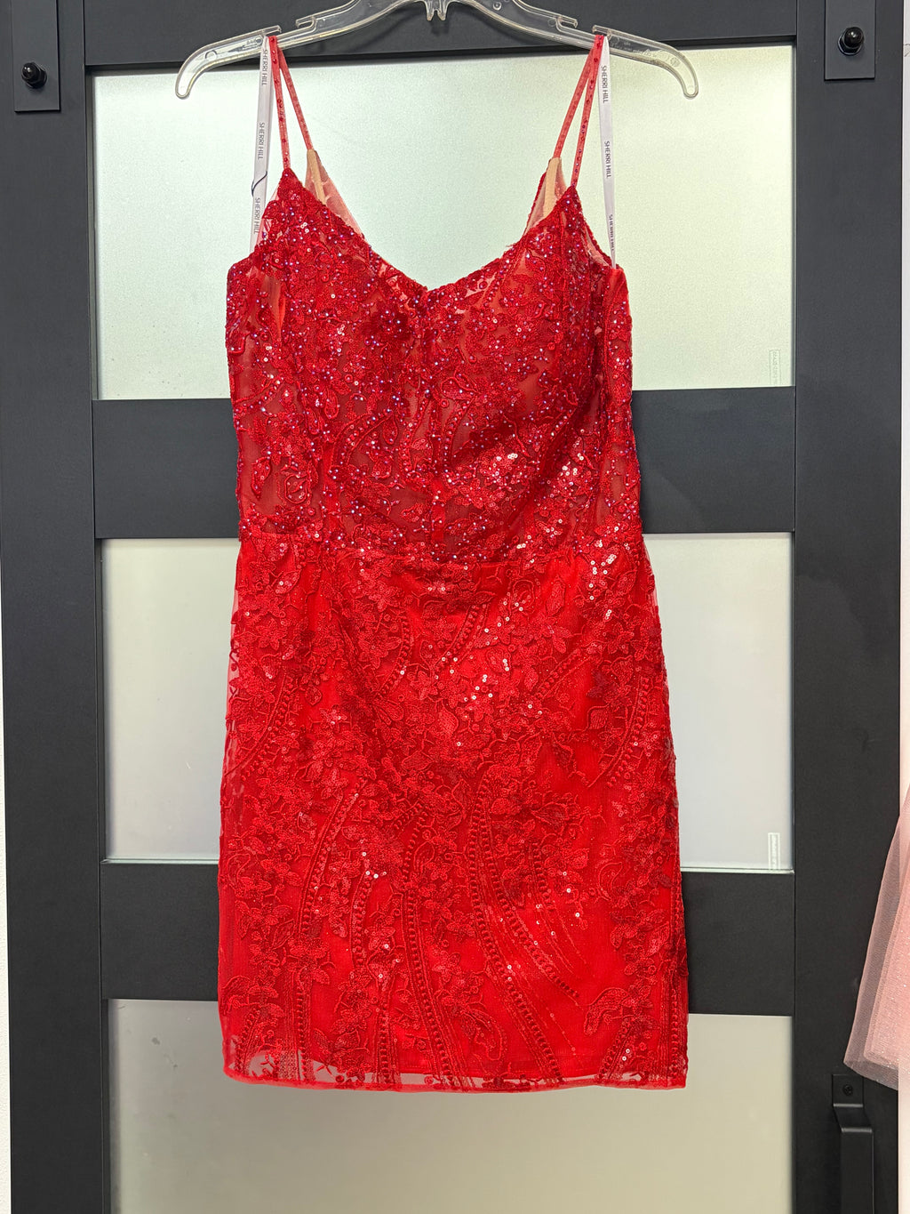 Sherri Hill 55098 Red Embellished Lace Homecoming Dress with Open Lace-Up Back