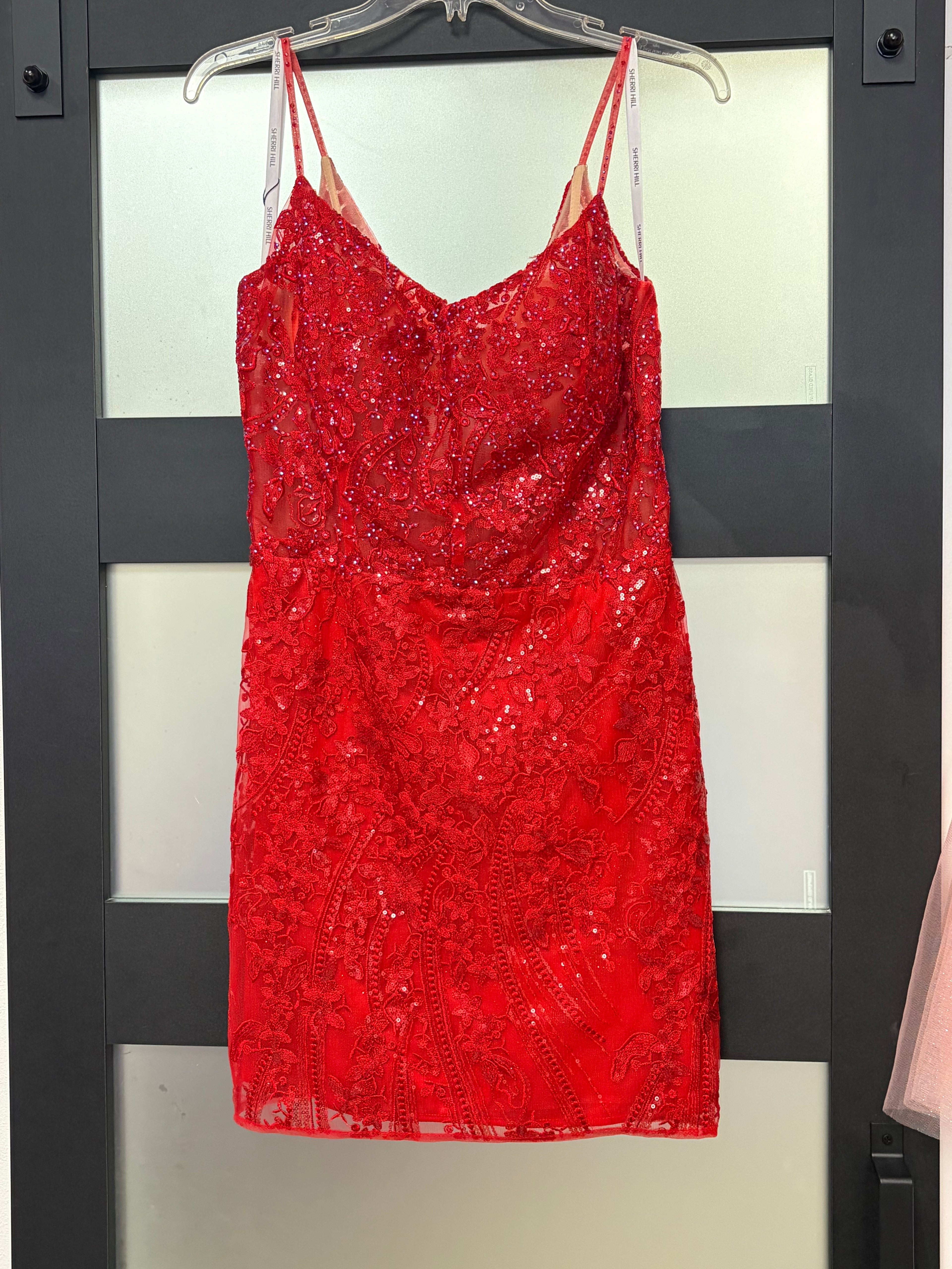 Sherri Hill 55098 Red Embellished Lace Homecoming Dress with Open Lace-Up Back