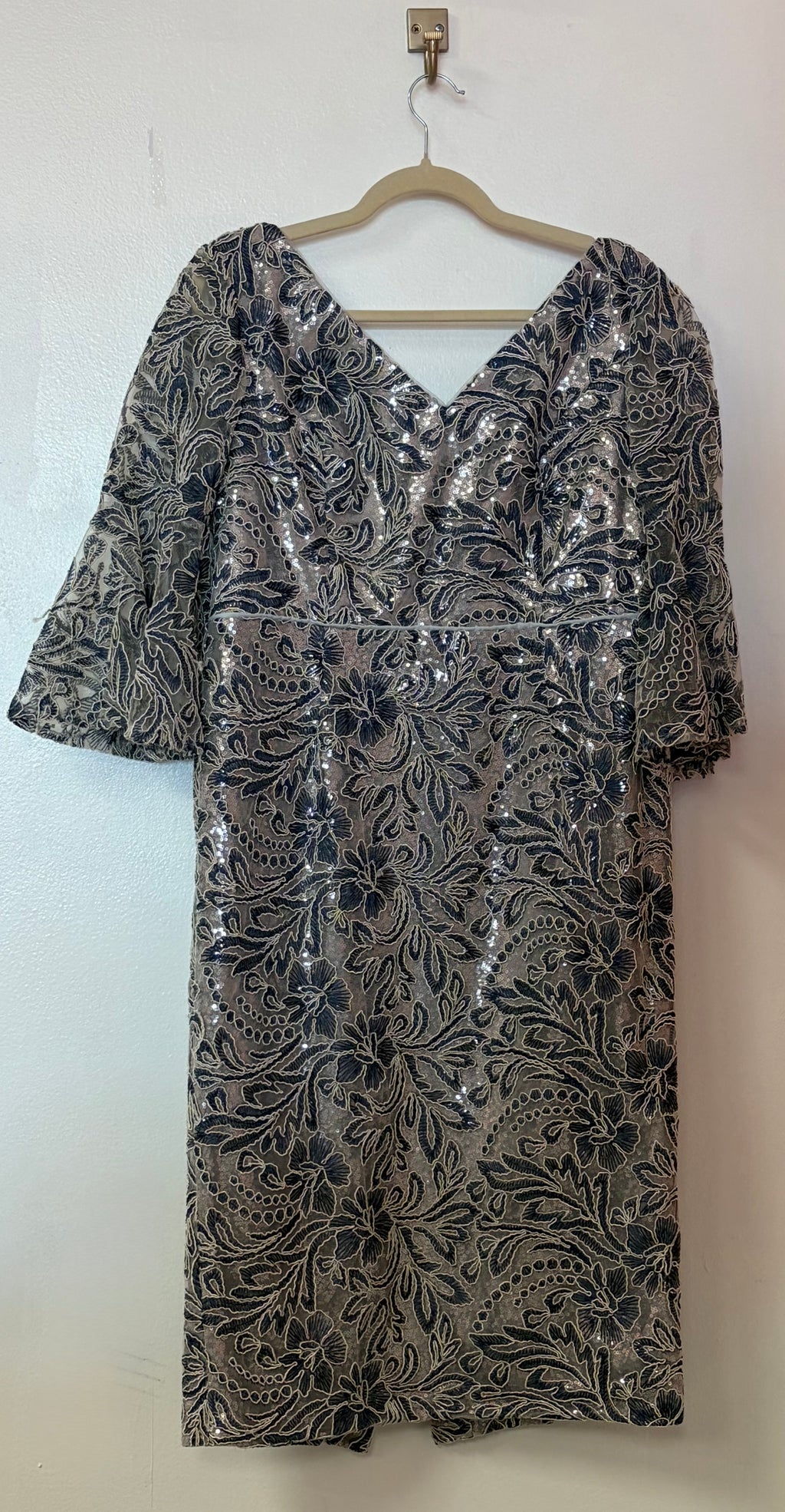Alexander by Daymor Navy Embroidered Cocktail Dress with Bell Sleeves and Floral Sequin Detailing