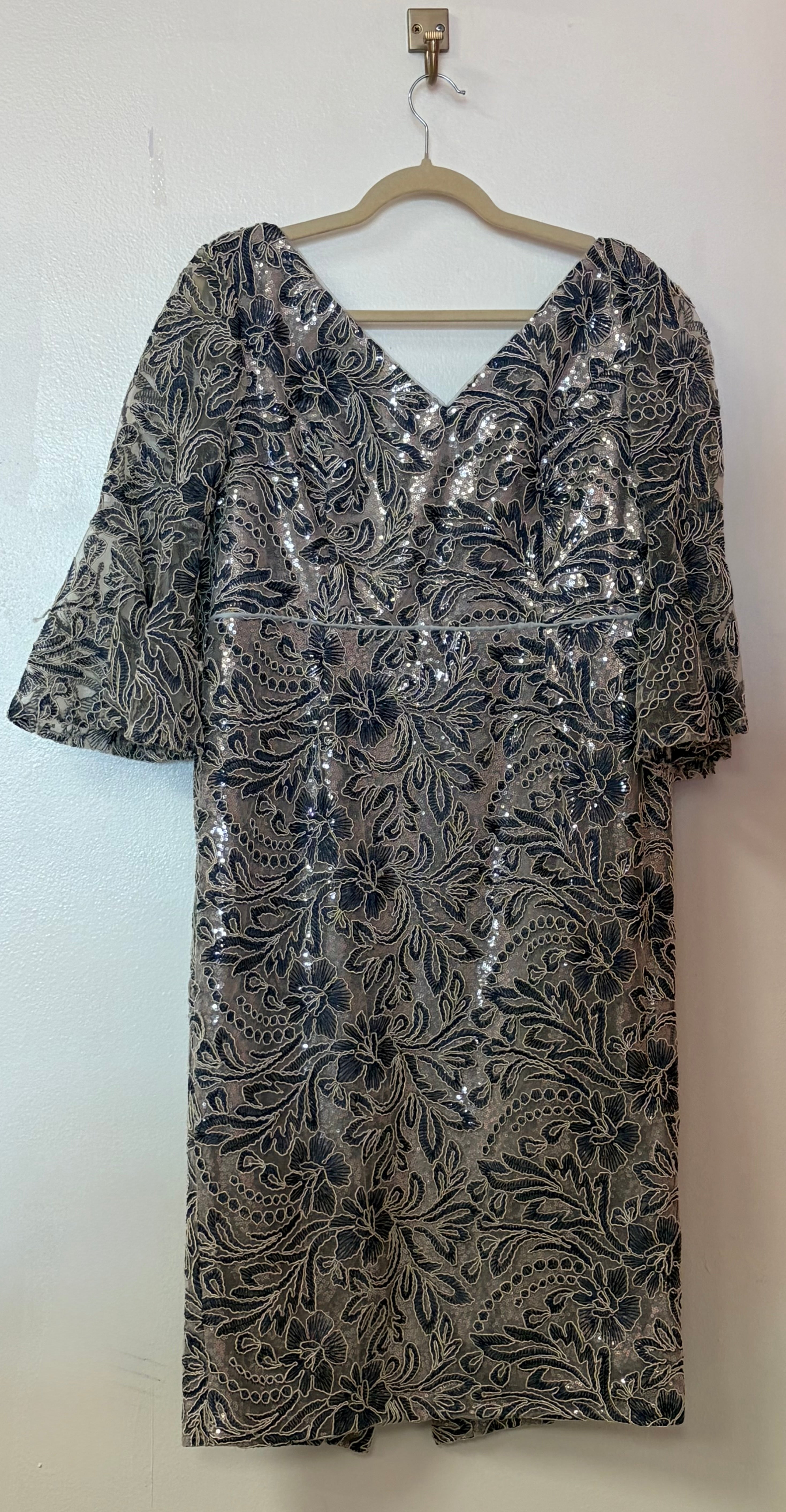 Alexander by Daymor Navy Embroidered Cocktail Dress with Bell Sleeves and Floral Sequin Detailing