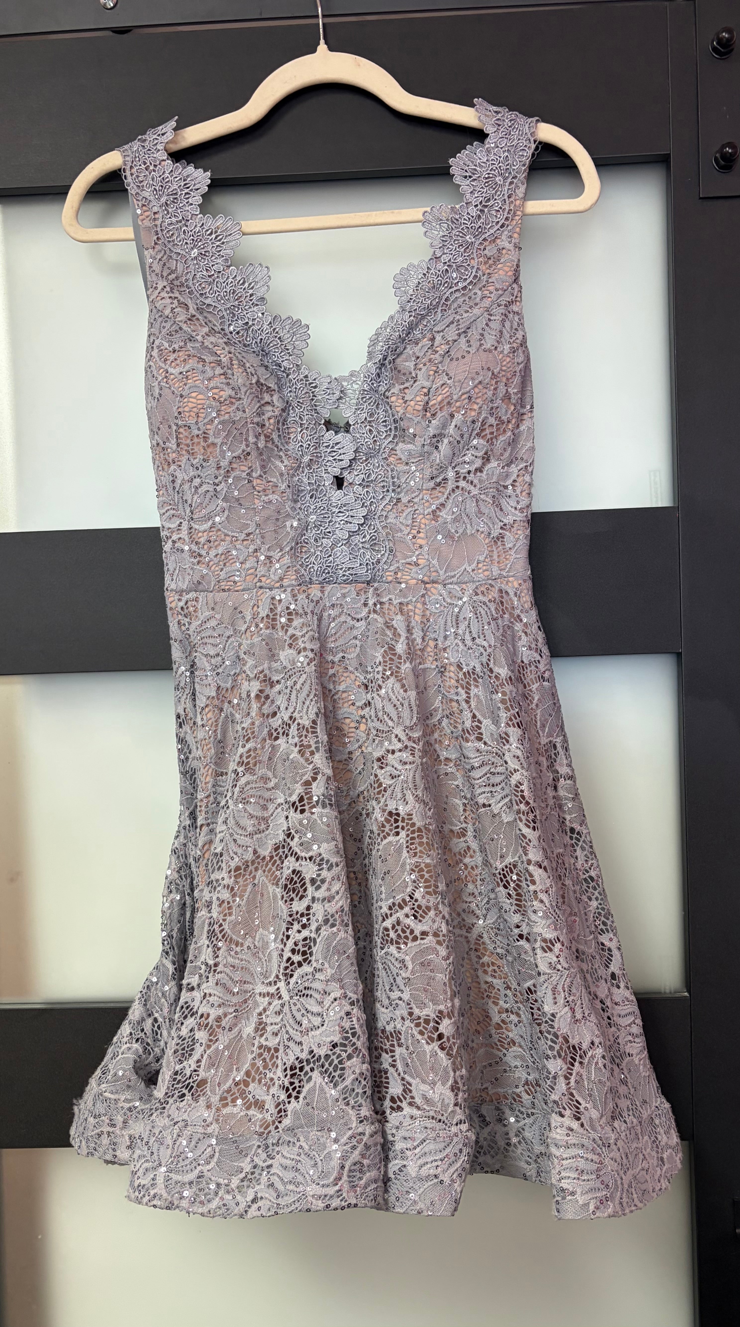 Camille La Vie Gray Lace Sequin Fit & Flare Dress