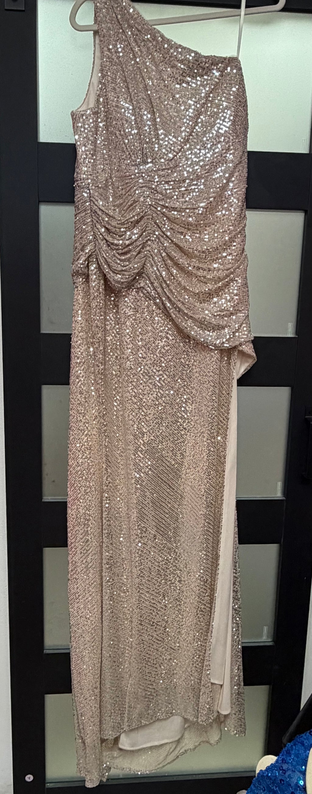 LaDivine CH077C Champagne One-Shoulder Sequin Formal Gown with Ruched Overlay