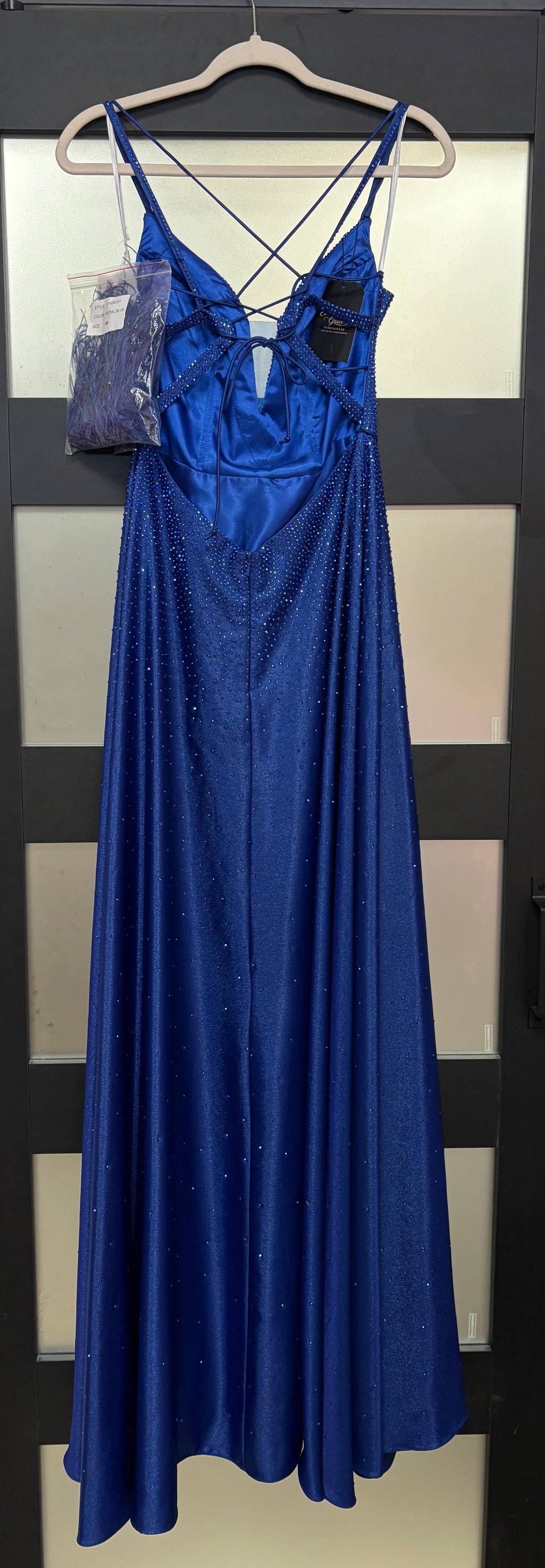 Ellie Wilde by Mon Cheri EW34131 Sapphire Rhinestone Satin Prom Dress with Leg Slit