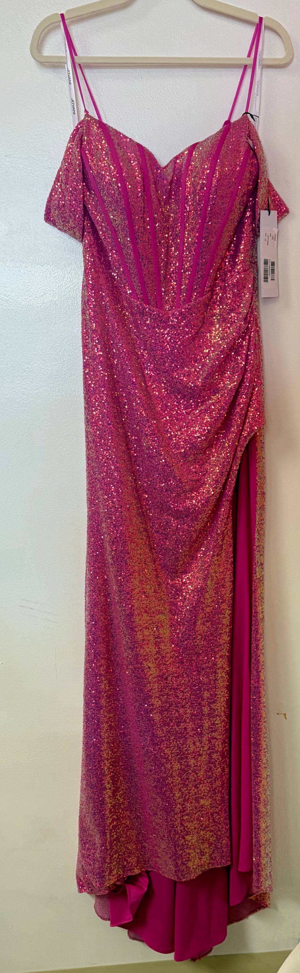 Jovani 37452 Hot Pink Sequin Off-the-Shoulder Prom Dress with High Slit