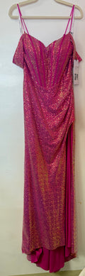 Jovani 37452 Hot Pink Sequin Off-the-Shoulder Prom Dress with High Slit