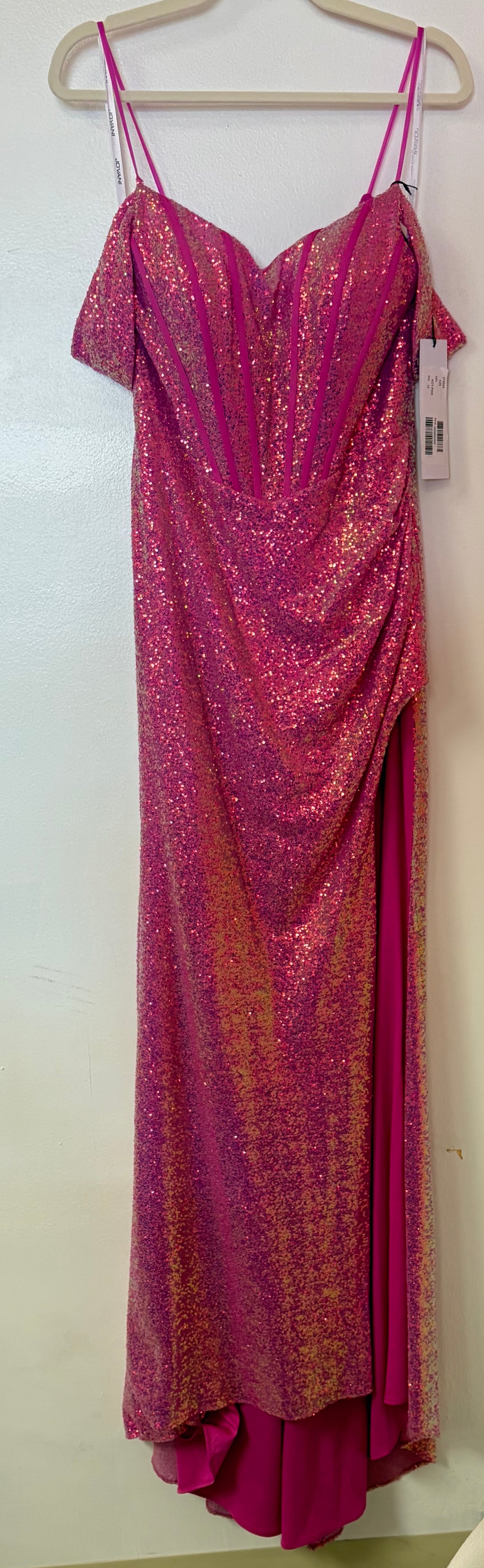Jovani 37452 Hot Pink Sequin Off-the-Shoulder Prom Dress with High Slit