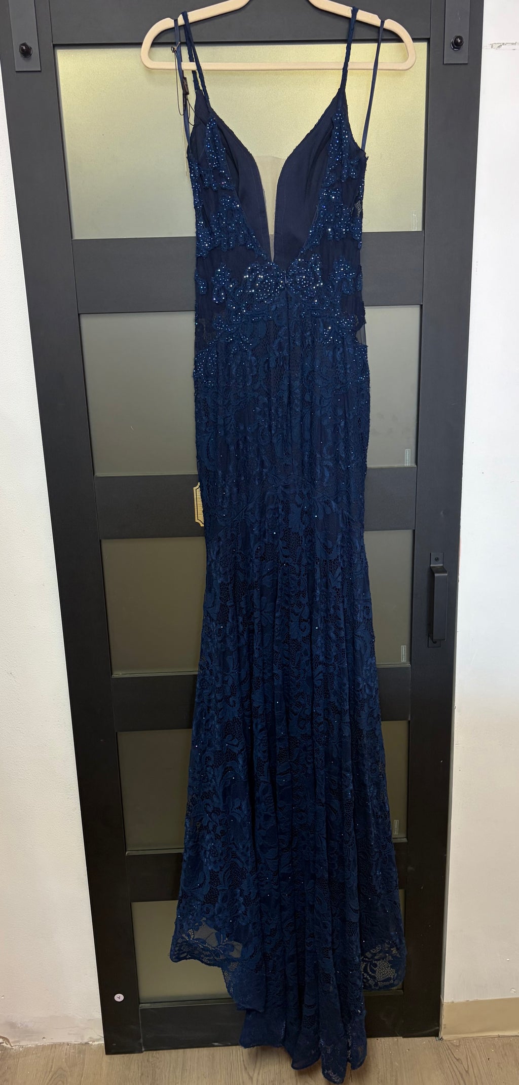 La Femme 29679 Navy Beaded Lace Mermaid Gown