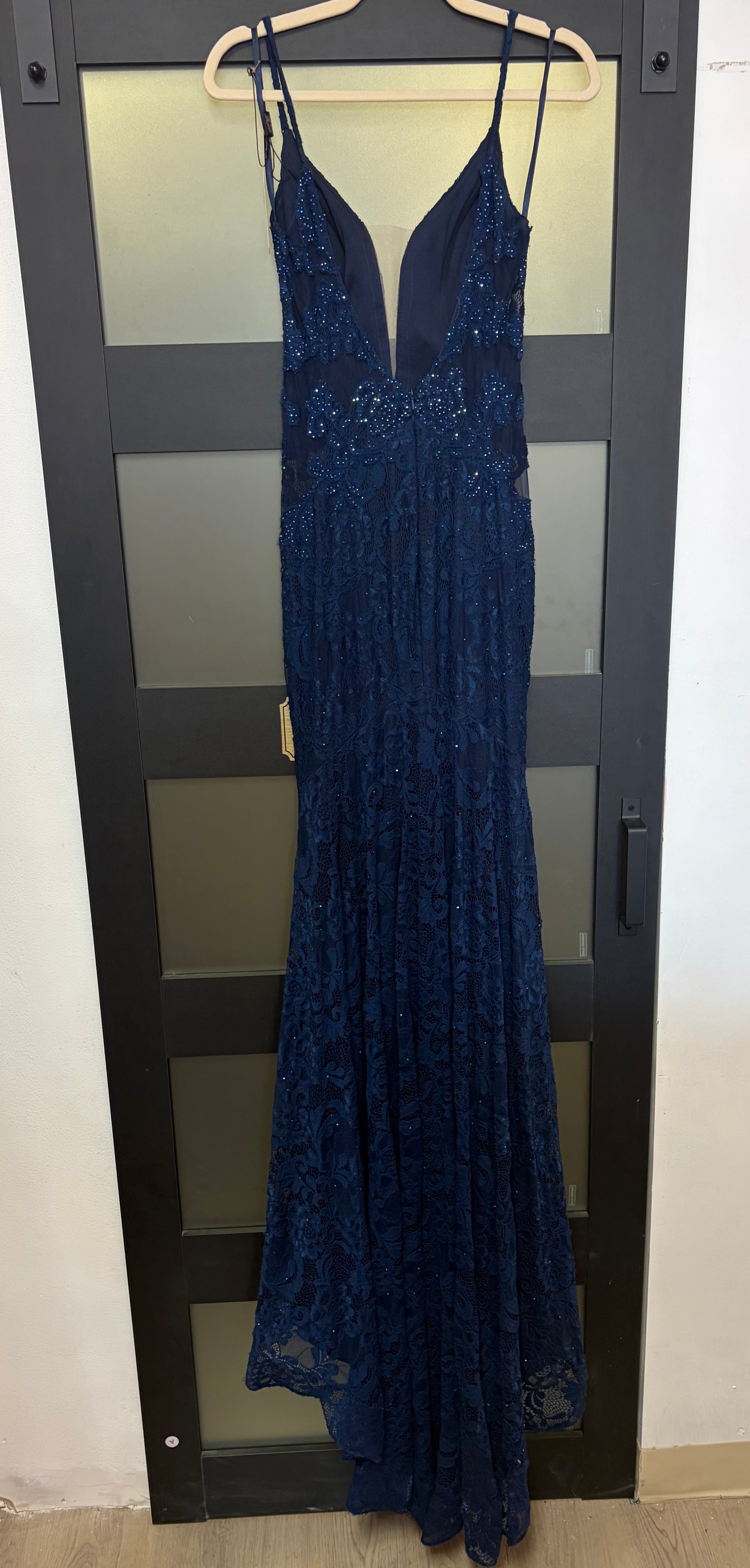 La Femme 29679 Navy Beaded Lace Mermaid Gown