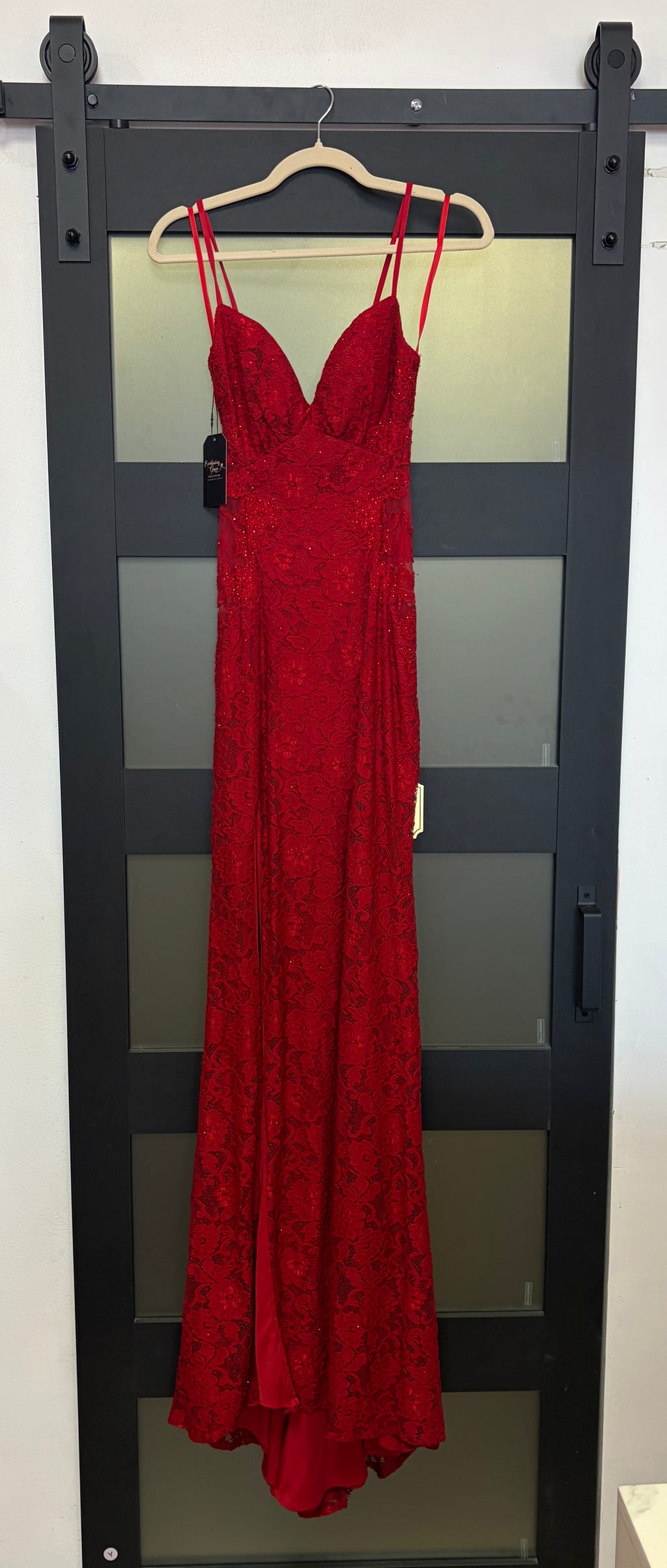 La Femme 29694 Red Lace Open-Back Gown