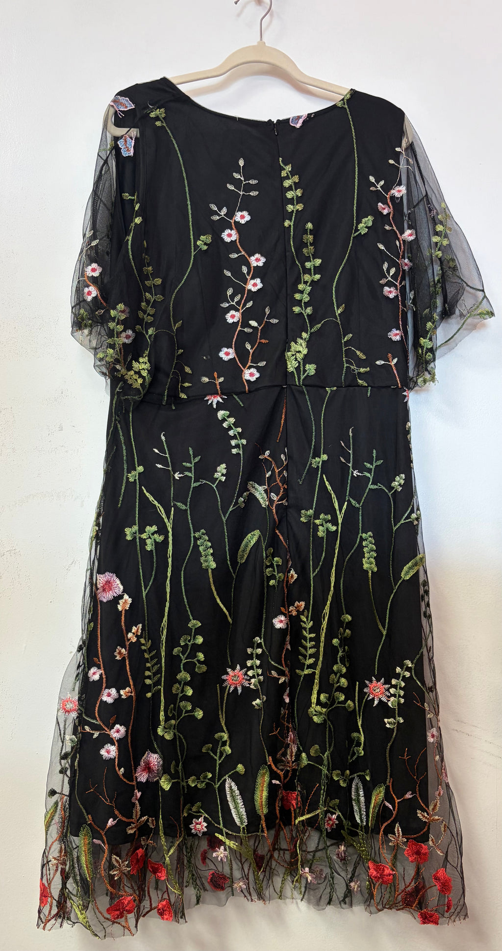 Black Embroidered Floral Mesh Fit and Flare Dress with Sheer Flutter Sleeves