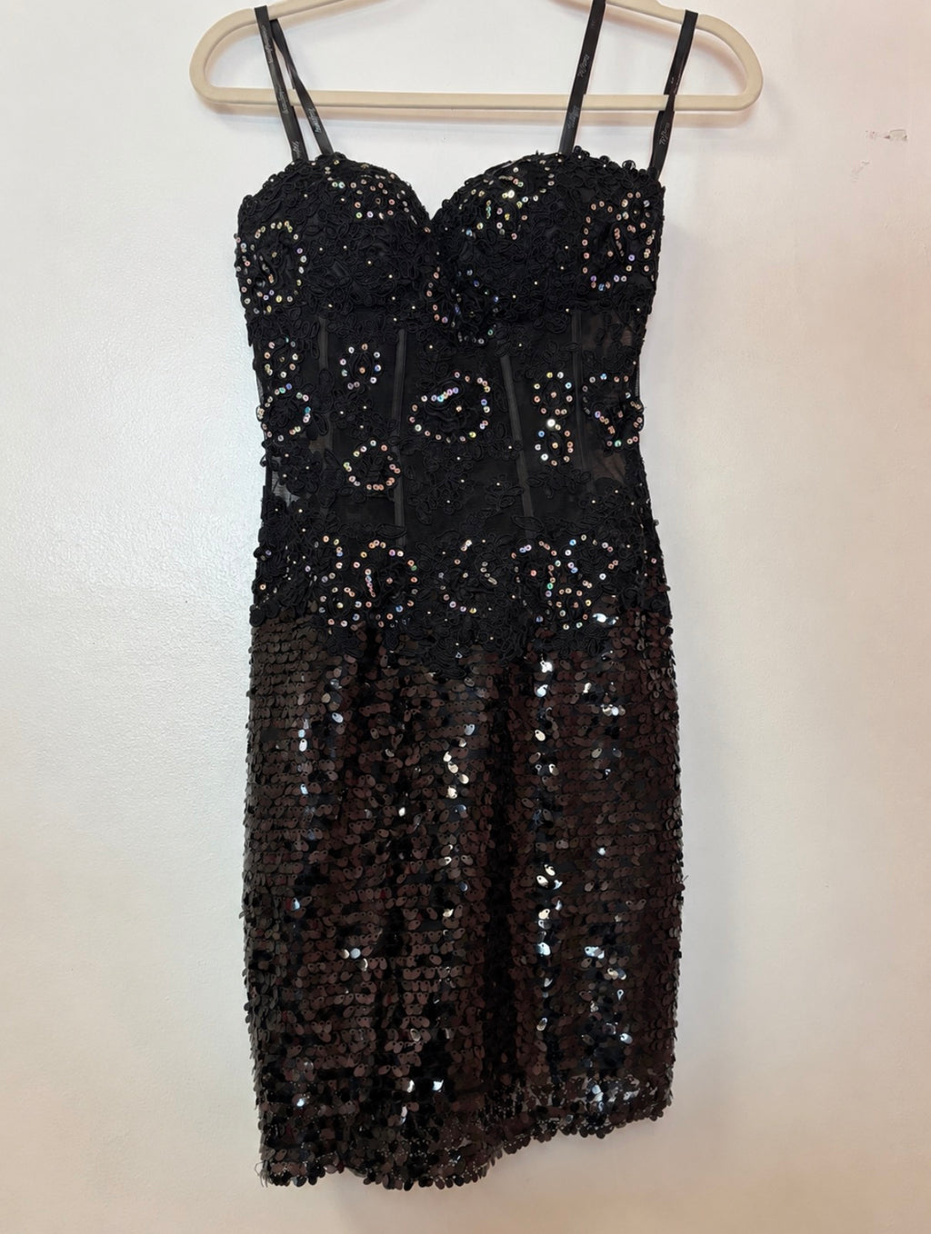 Tiffany Designs Black Sequin Corset Cocktail Dress with Floral Lace Bodice