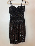 Tiffany Designs Black Sequin Corset Cocktail Dress with Floral Lace Bodice