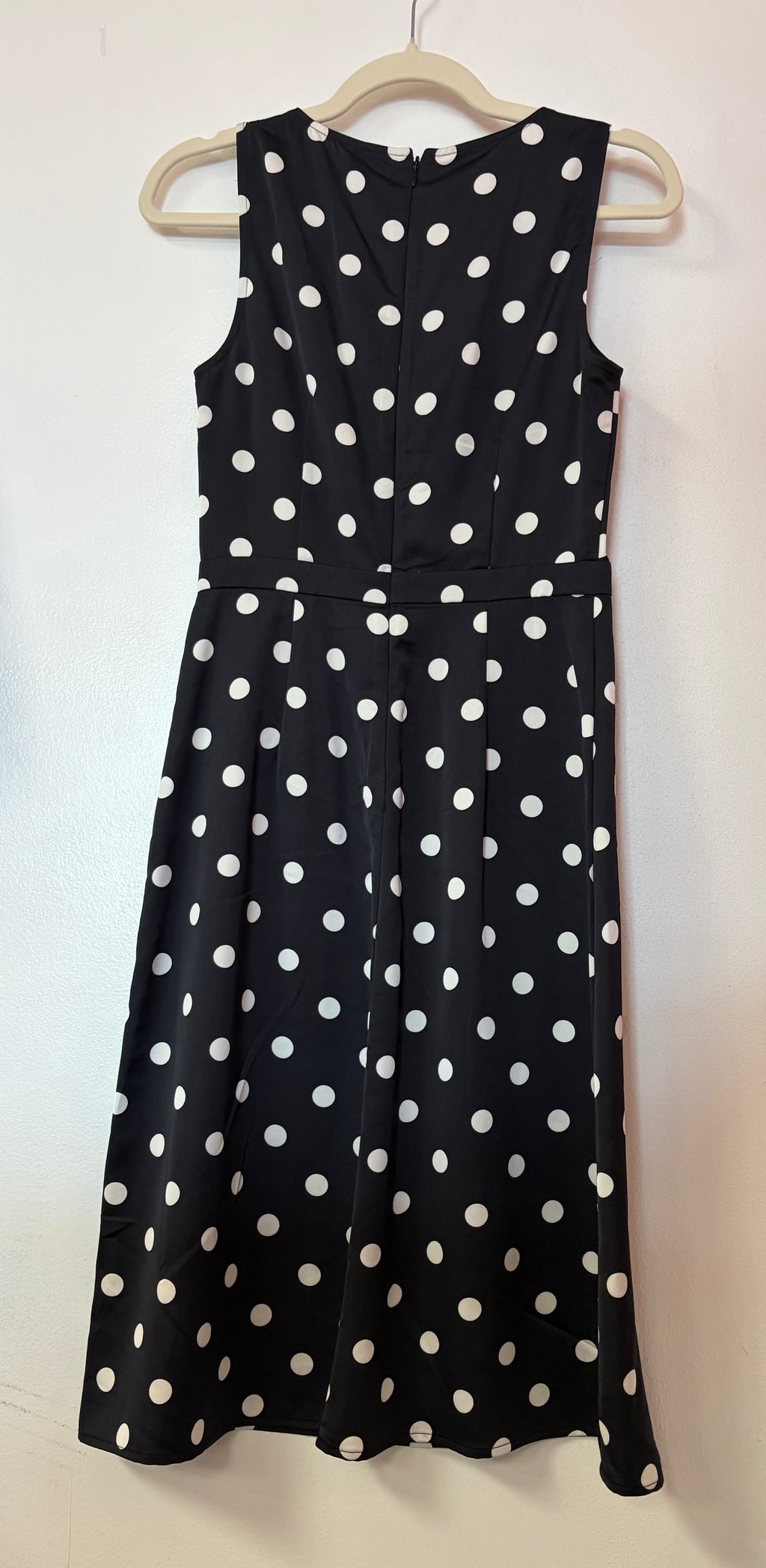 J.Crew Black and White Polka Dot Sleeveless Midi Dress with Draped Cowl Neckline
