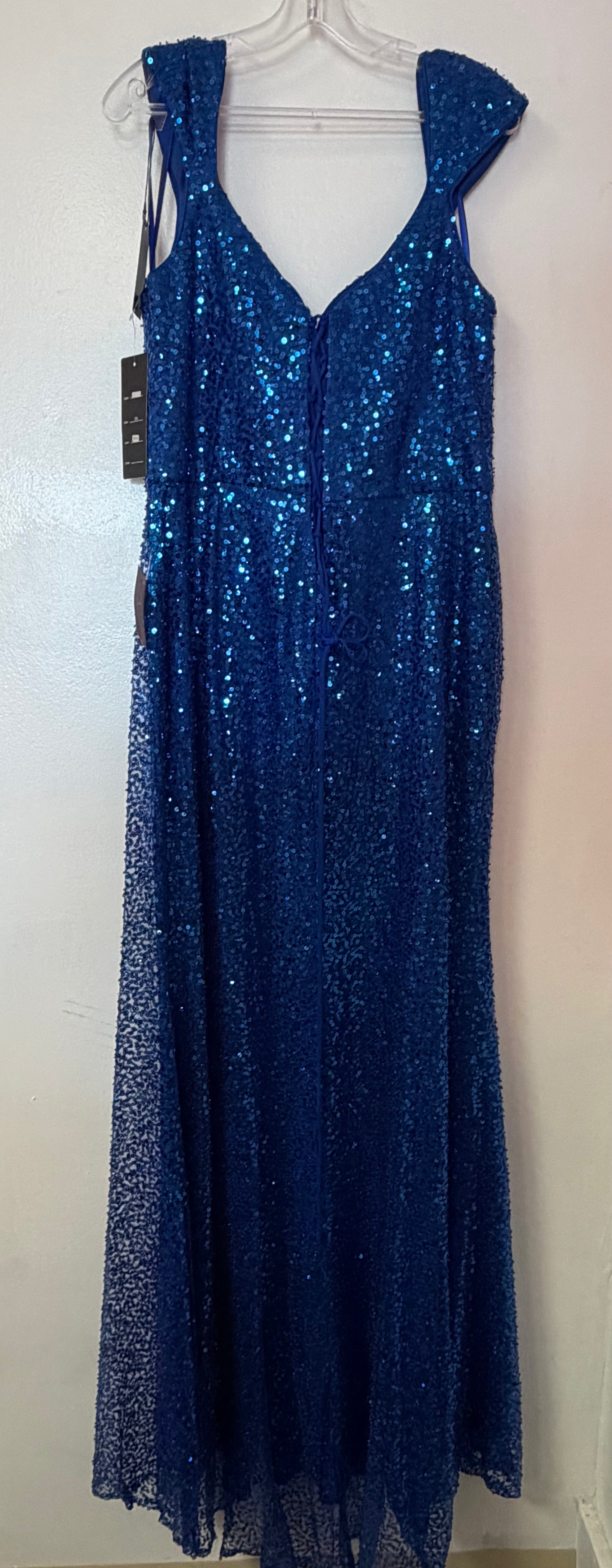 LaDivine CH171 Royal Blue Sequin Formal Dress with Flutter Sleeves and Lace-Up Back