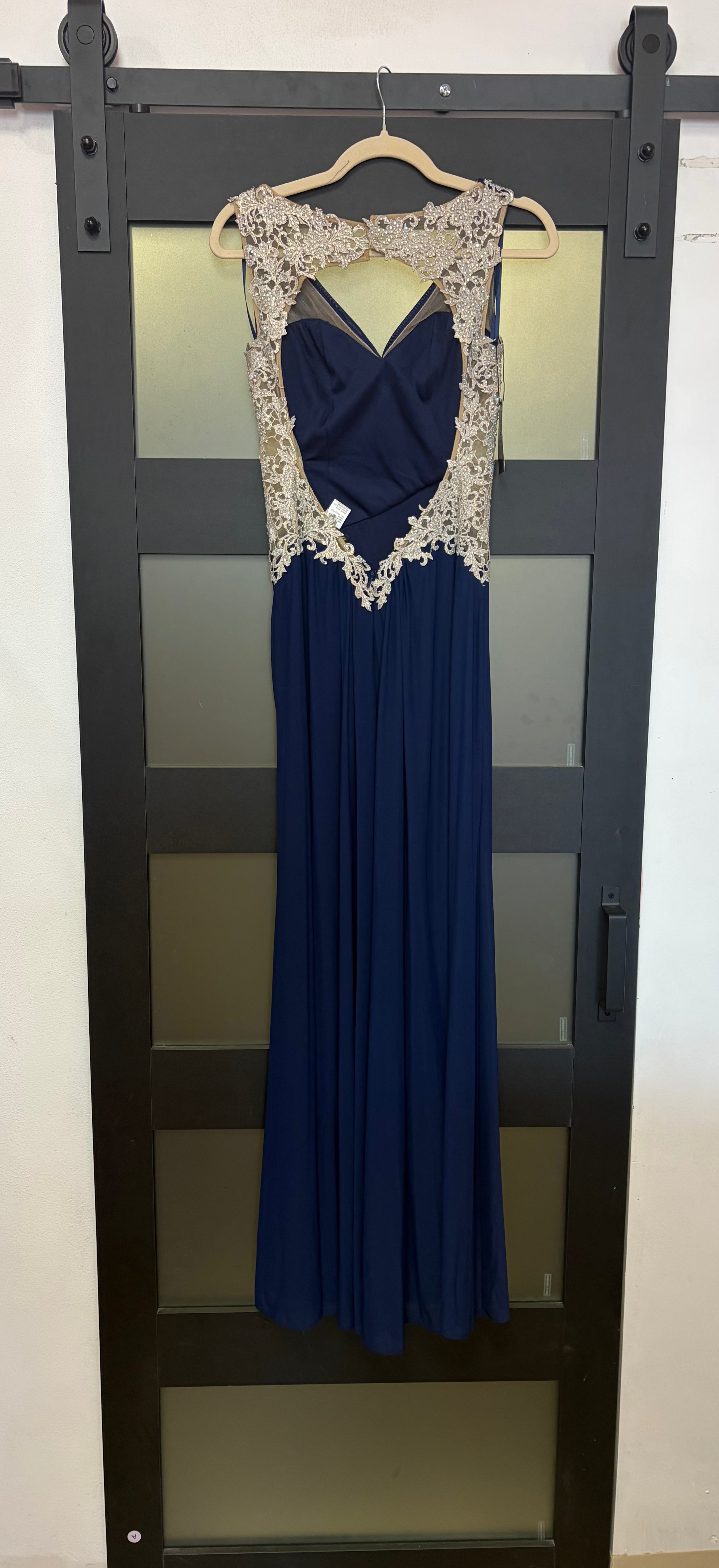 La Femme 21301 Navy Lace Open-Back Gown