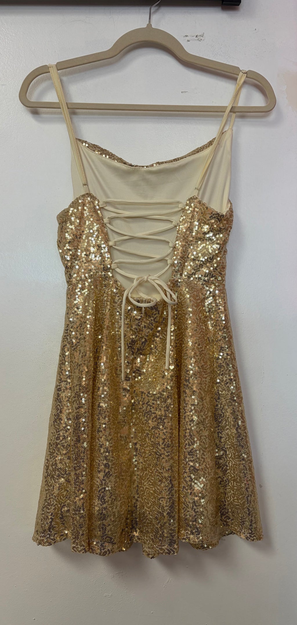 Gold Sequin Lace-Up Back A-Line Formal Dress