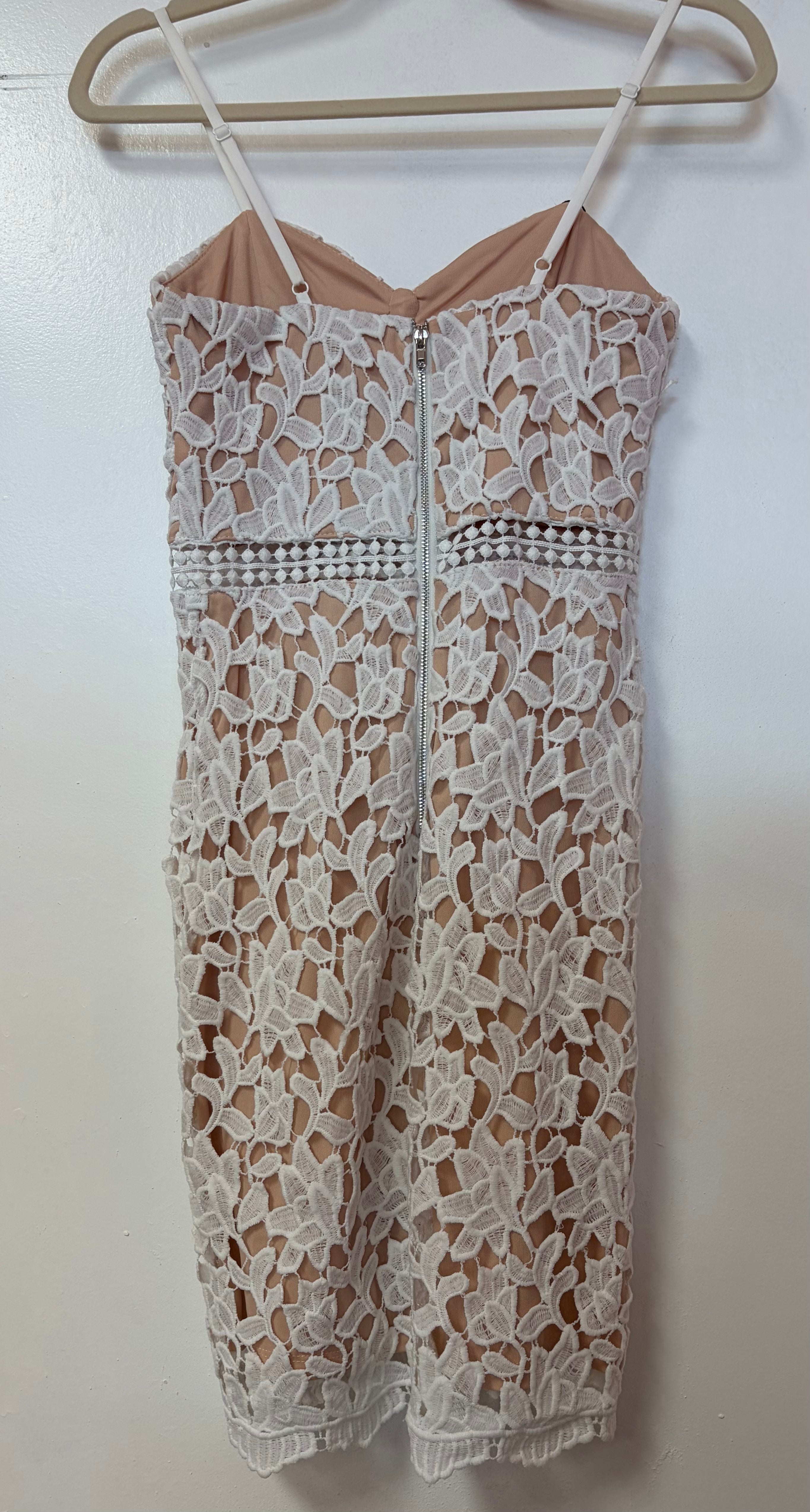 Ivory Floral Lace Bodycon Mini Dress with Nude Lining and Spaghetti Straps