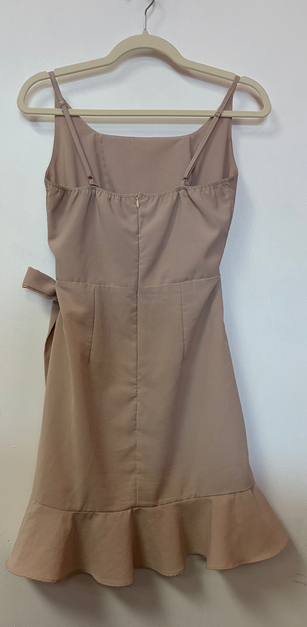 Taupe Satin Wrap Mini Dress with Side Tie and Ruffle Hem