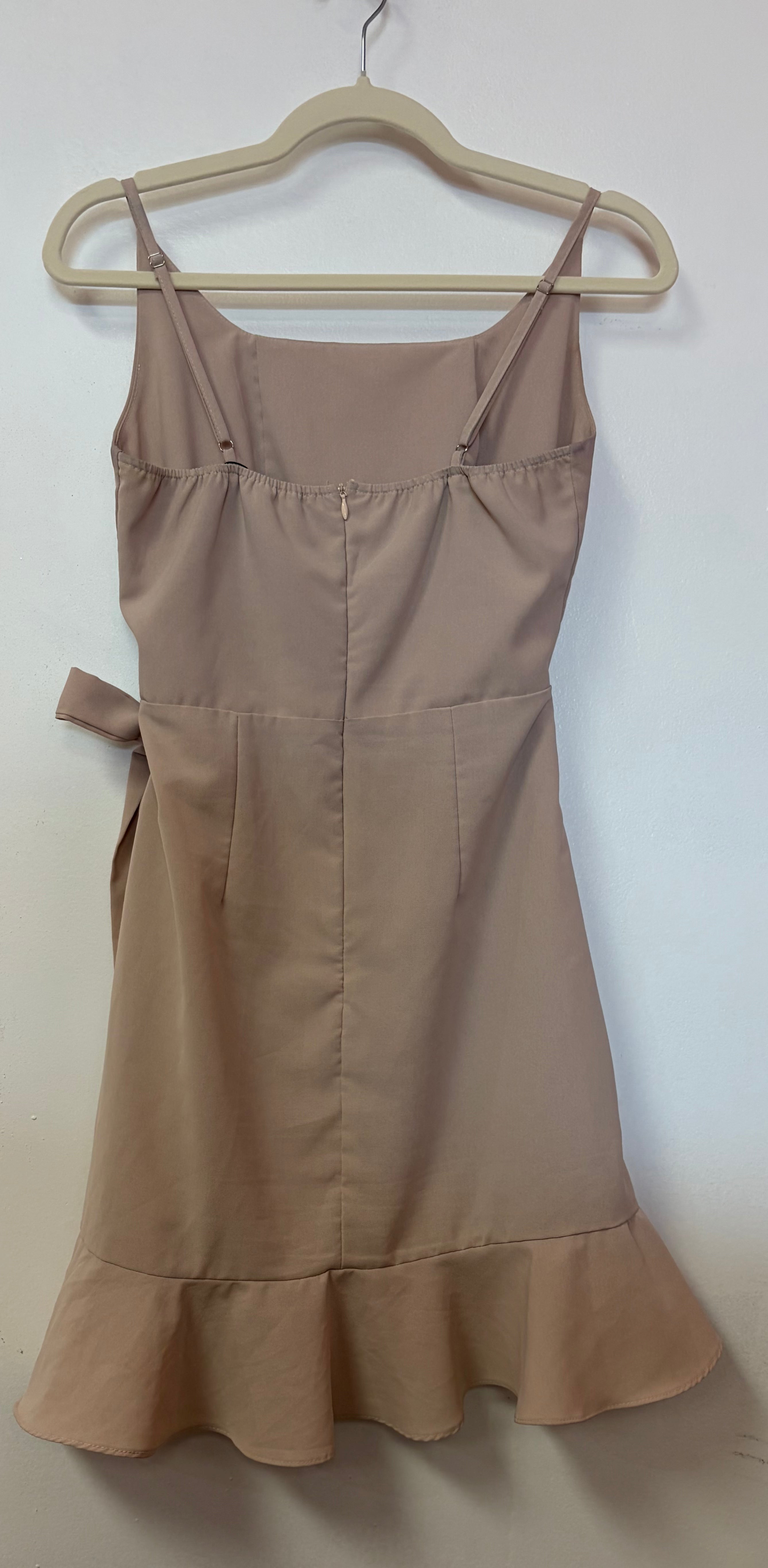 Taupe Satin Wrap Mini Dress with Side Tie and Ruffle Hem