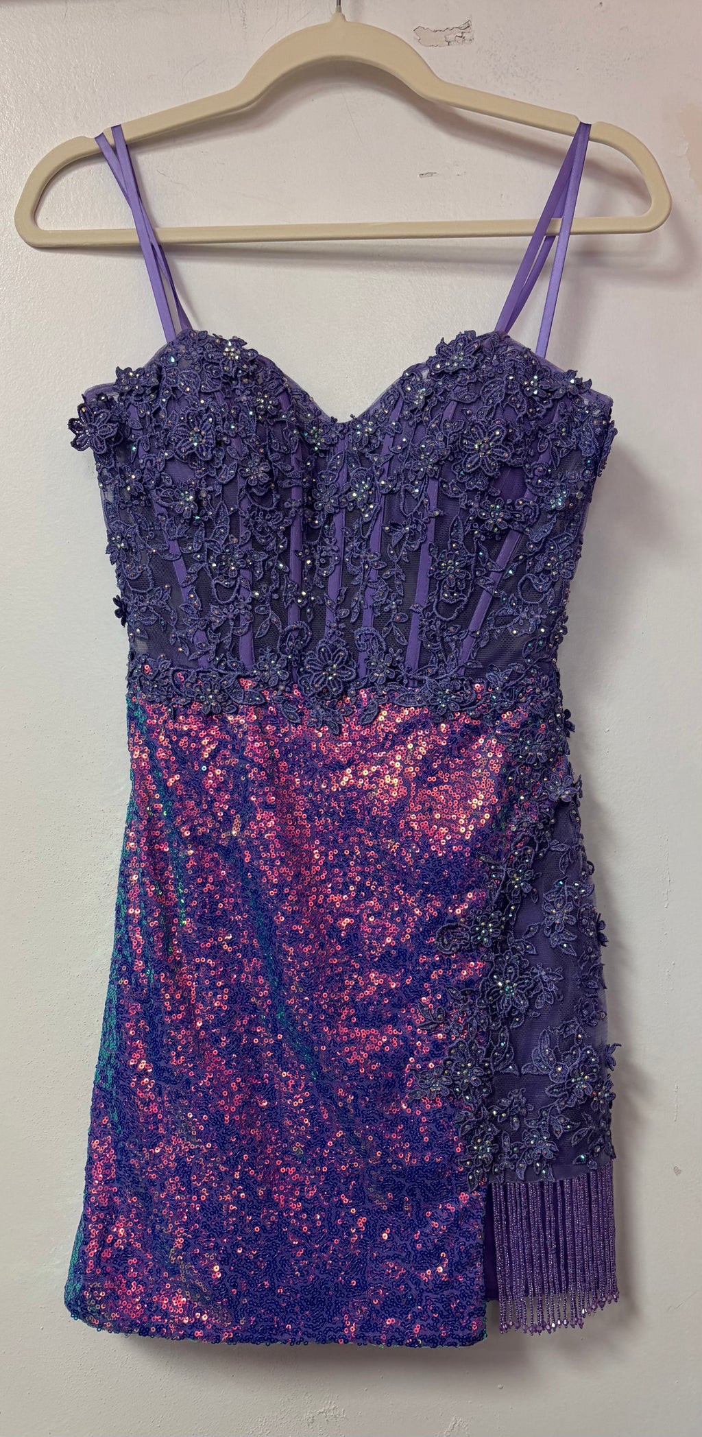 Colors Dress 3004 Purple Floral Lace and Sequin Fringe Mini Dress