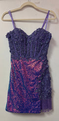 Colors Dress 3004 Purple Floral Lace and Sequin Fringe Mini Dress
