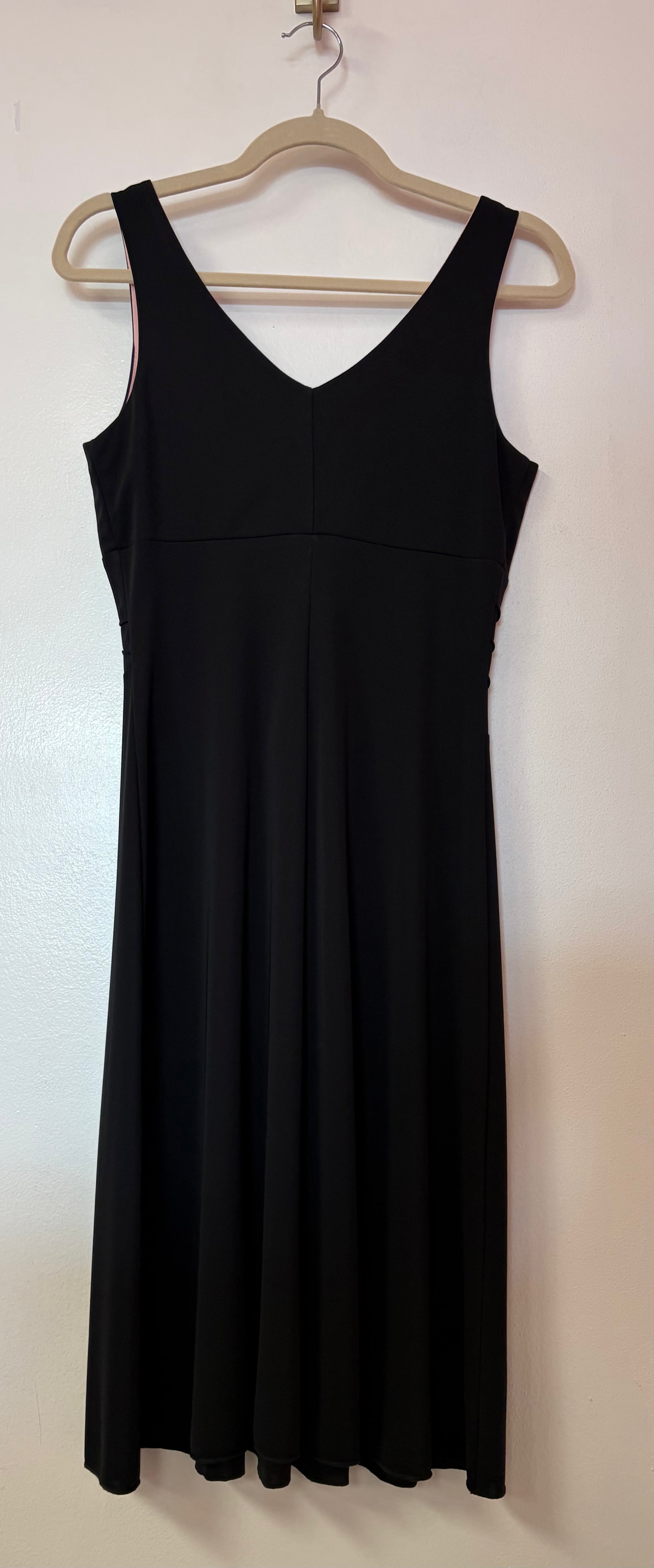 Black Sleeveless A-Line Midi Dress with V-Neck Bodice and Pink Contrast Lining