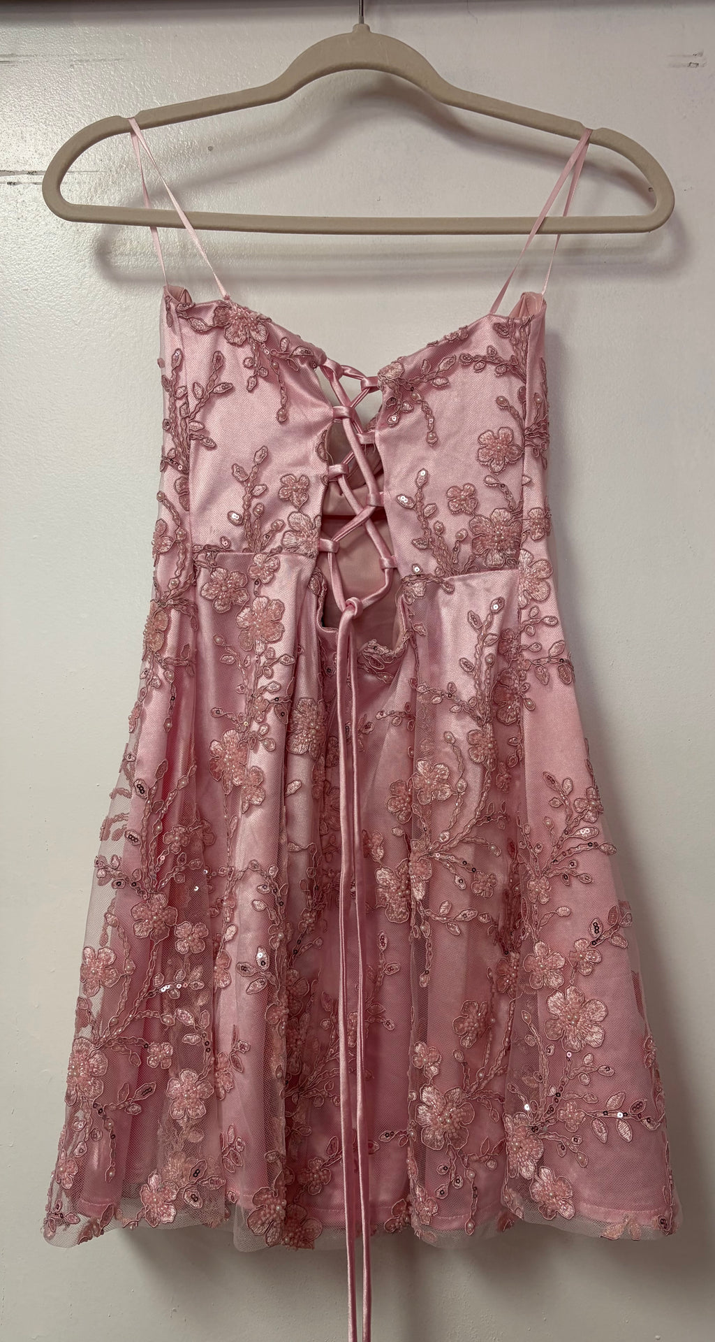 Windsor Dusty Rose Floral Embroidered Lace-Up Homecoming Dress