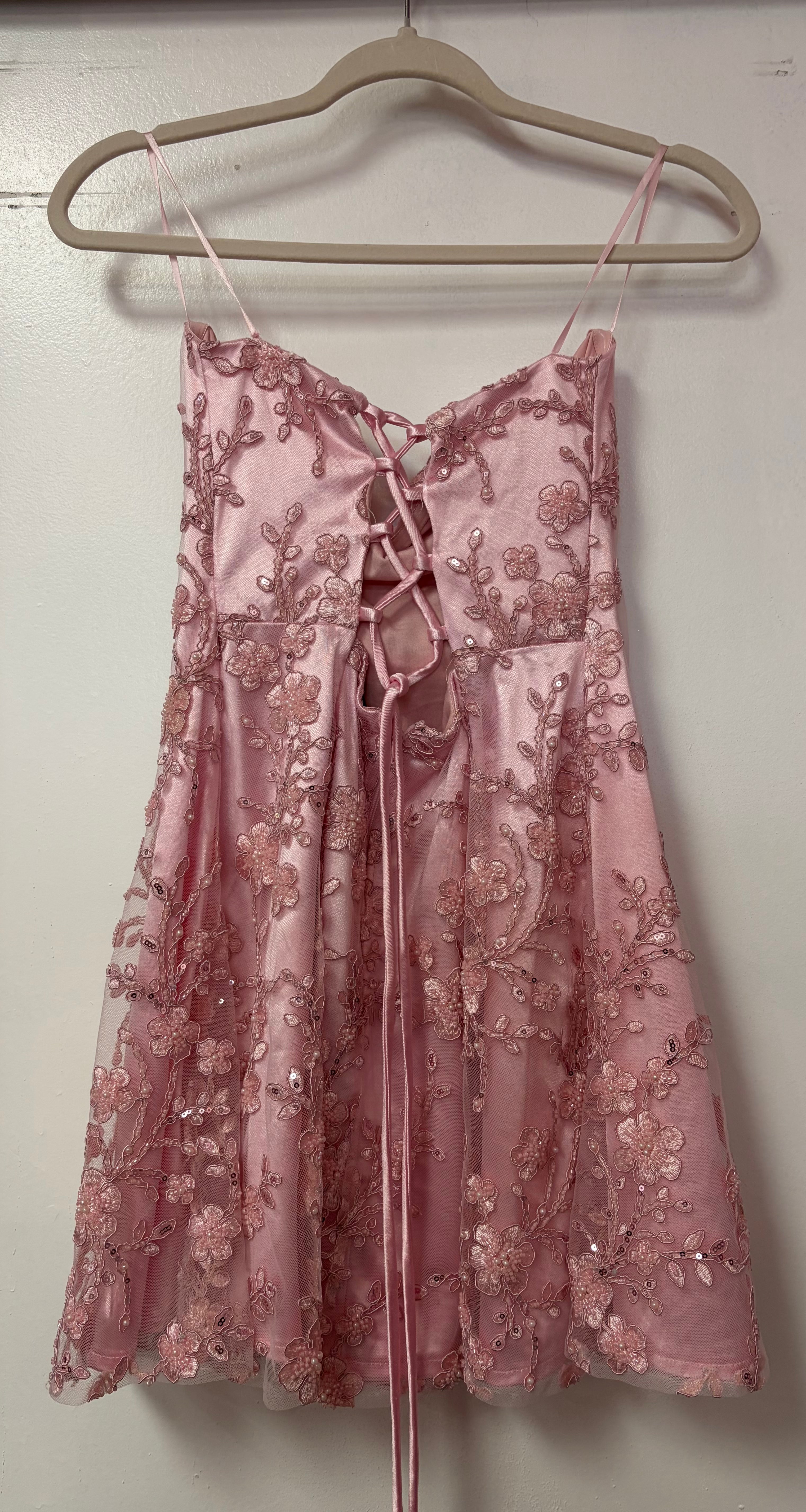 Windsor Dusty Rose Floral Embroidered Lace-Up Homecoming Dress