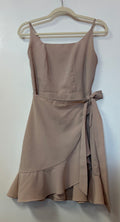 Taupe Satin Wrap Mini Dress with Side Tie and Ruffle Hem