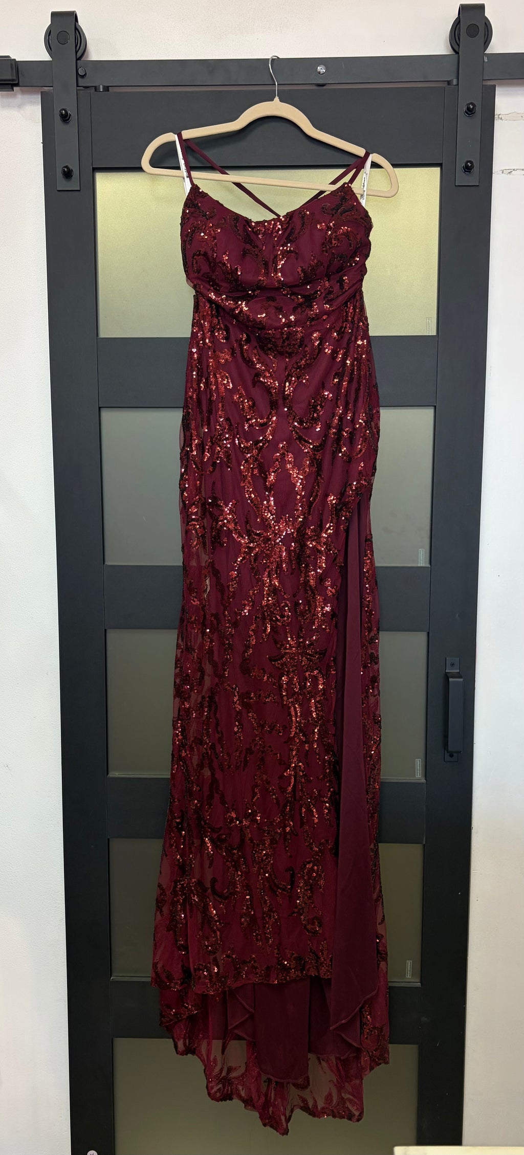 Burgundy Sequin Lace-Up Gown