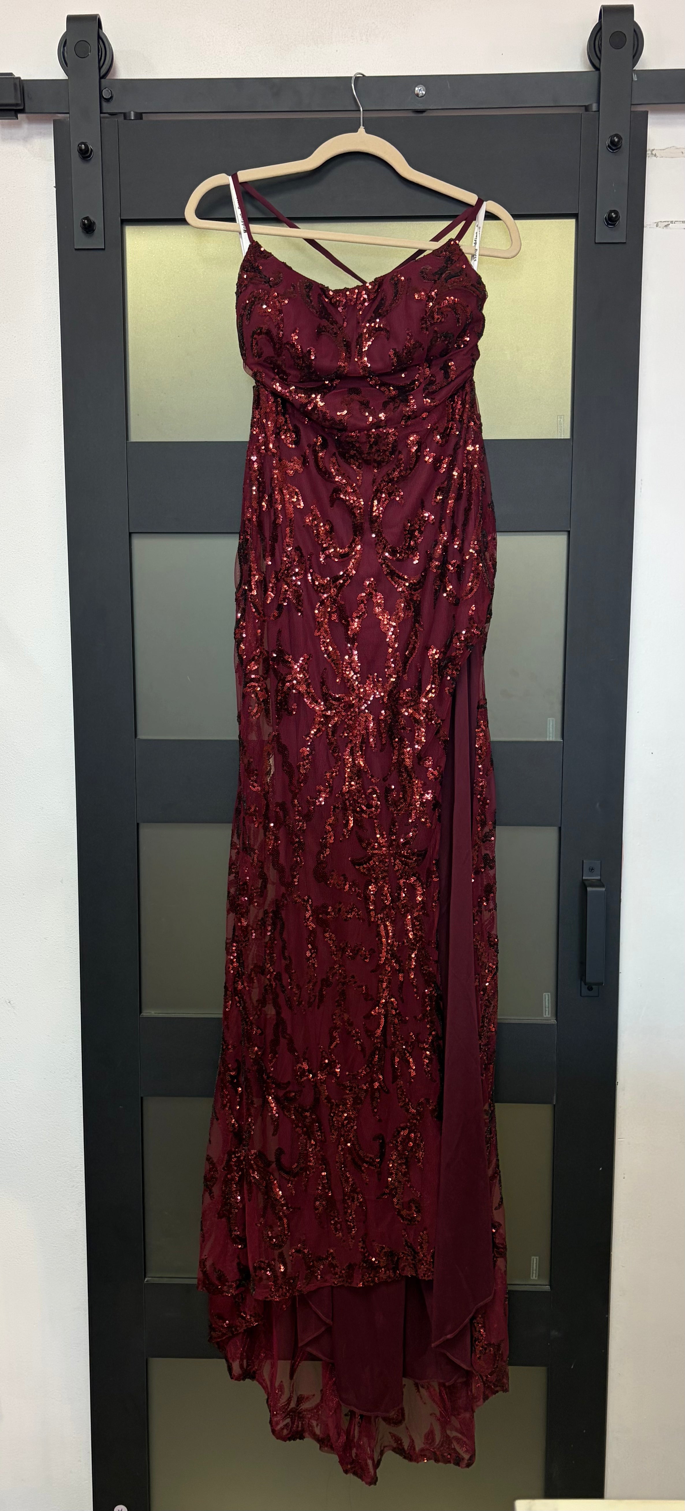 Burgundy Sequin Lace-Up Gown
